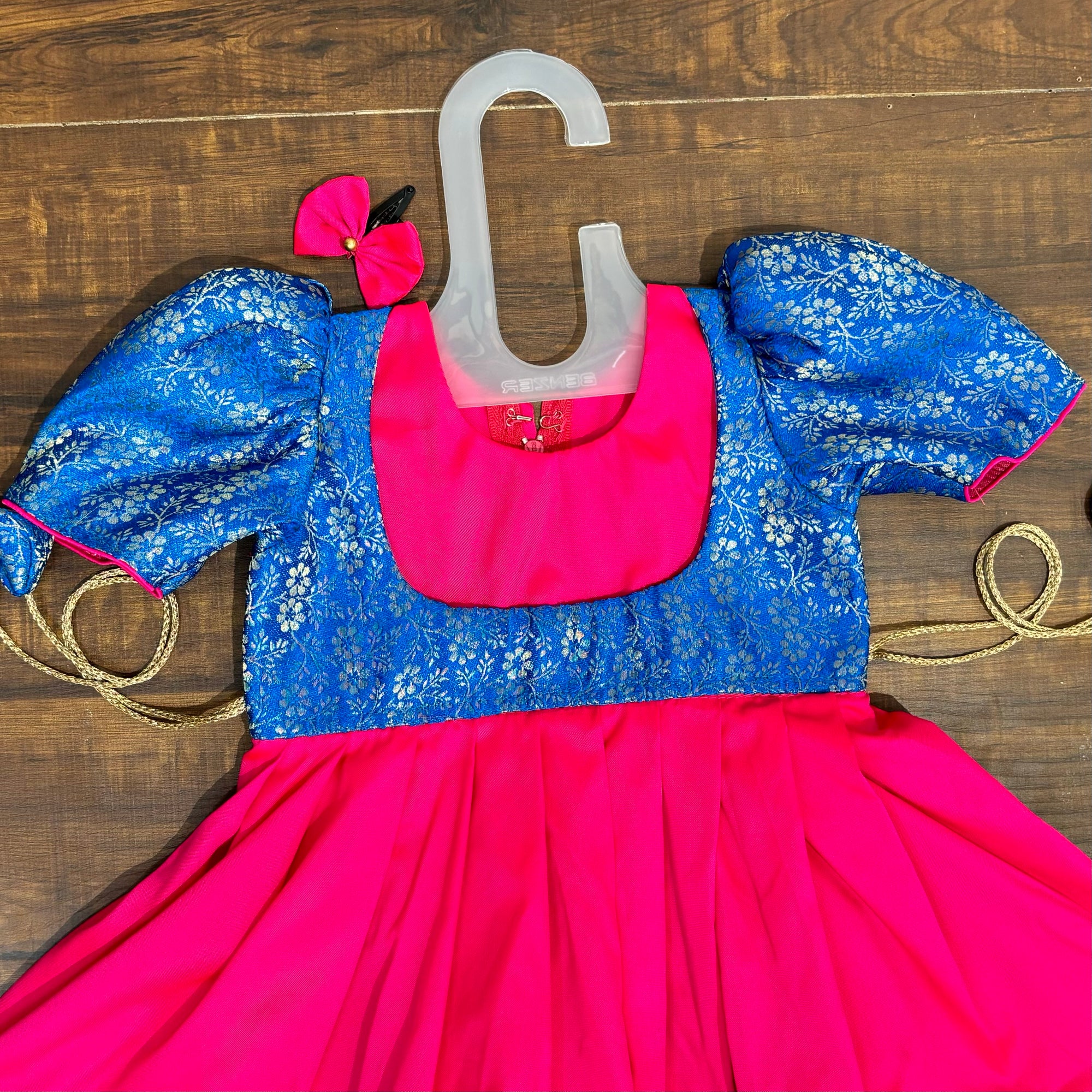 Neon Pink Royal Blue Silk Brocade Yoke Frock Dress