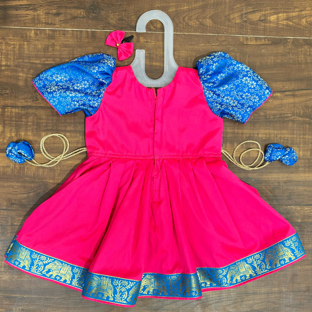 Neon Pink Royal Blue Silk Brocade Yoke Frock Dress