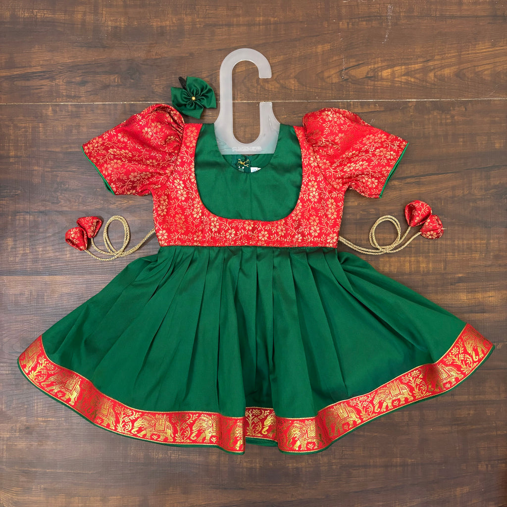 Bottle Green Red Silk Brocade Yoke Frock Dress