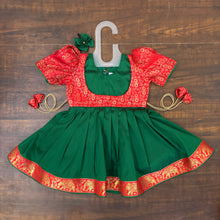 Load image into Gallery viewer, Bottle Green Red Silk Brocade Yoke Frock Dress
