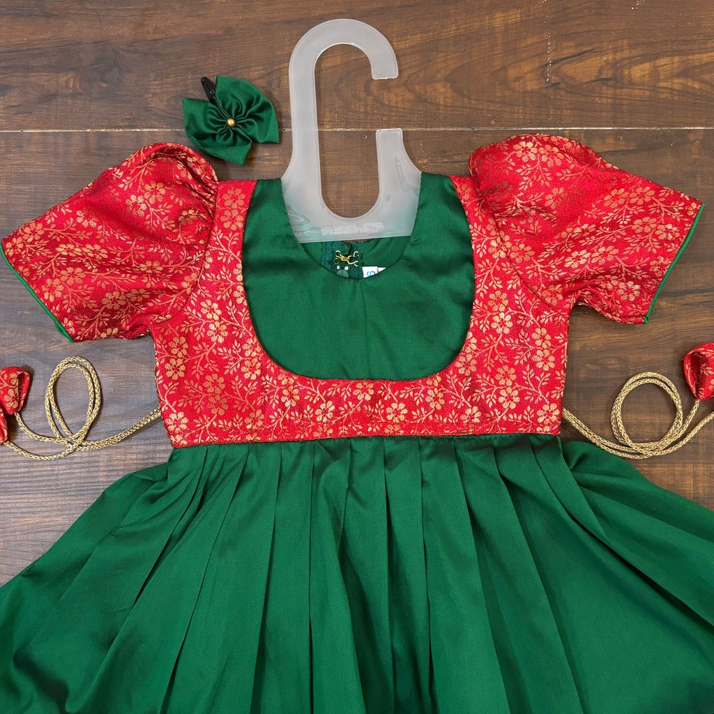 Bottle Green Red Silk Brocade Yoke Frock Dress