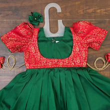 Load image into Gallery viewer, Bottle Green Red Silk Brocade Yoke Frock Dress
