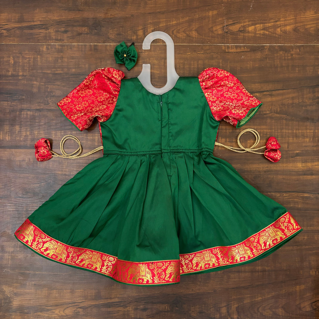 Bottle Green Red Silk Brocade Yoke Frock Dress