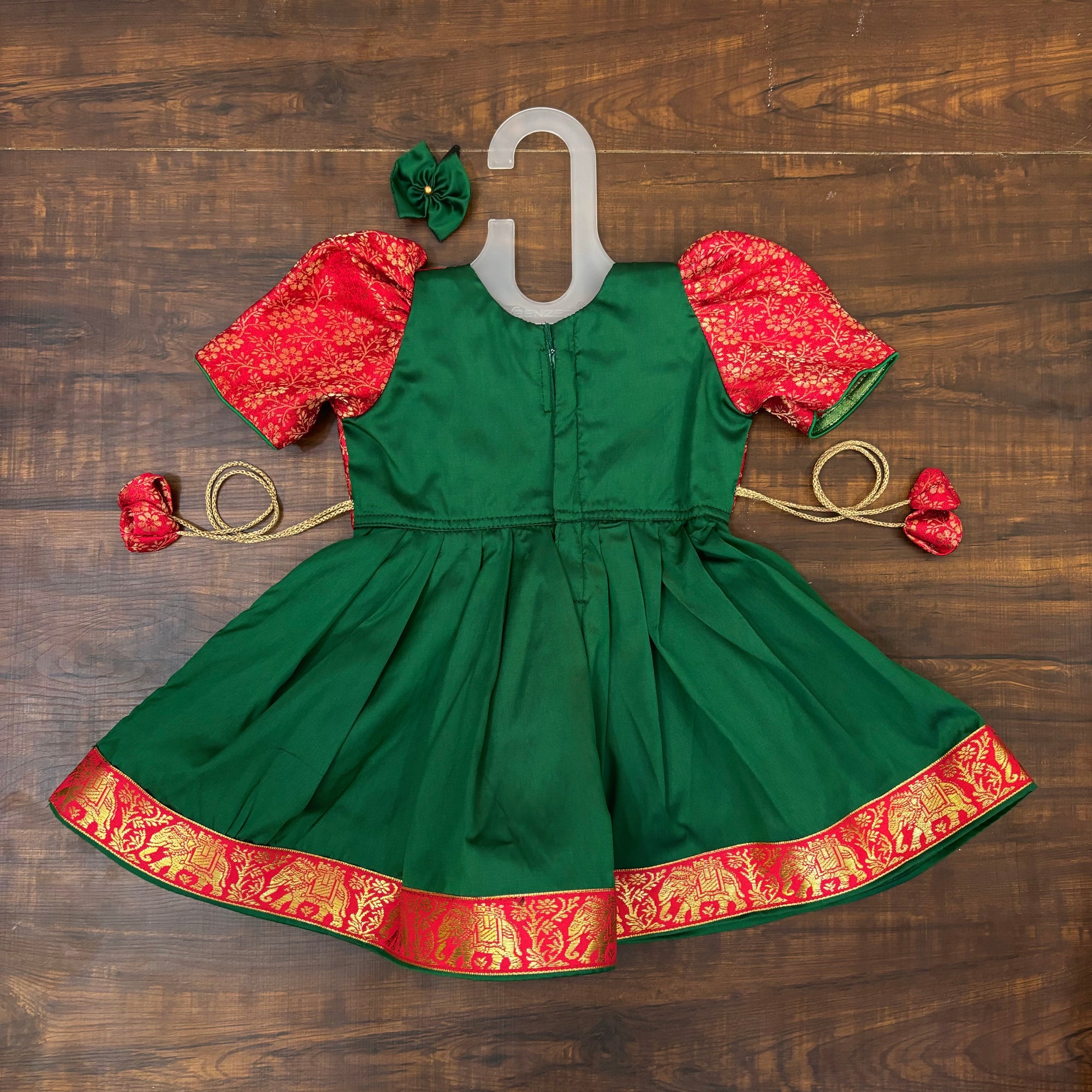 Bottle Green Red Silk Brocade Yoke Frock Dress