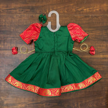 Load image into Gallery viewer, Bottle Green Red Silk Brocade Yoke Frock Dress
