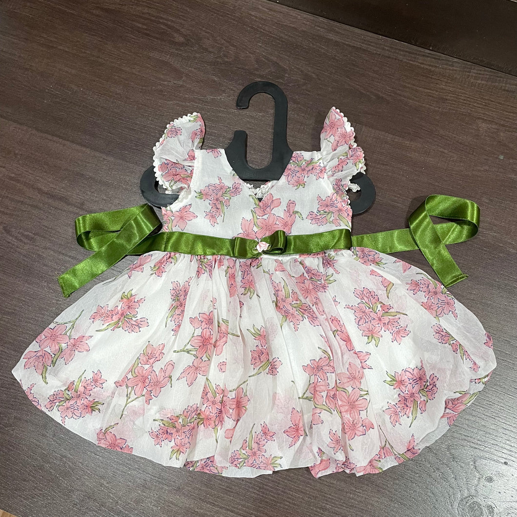 White Chiffon Lily Print Ballon Styled Frock