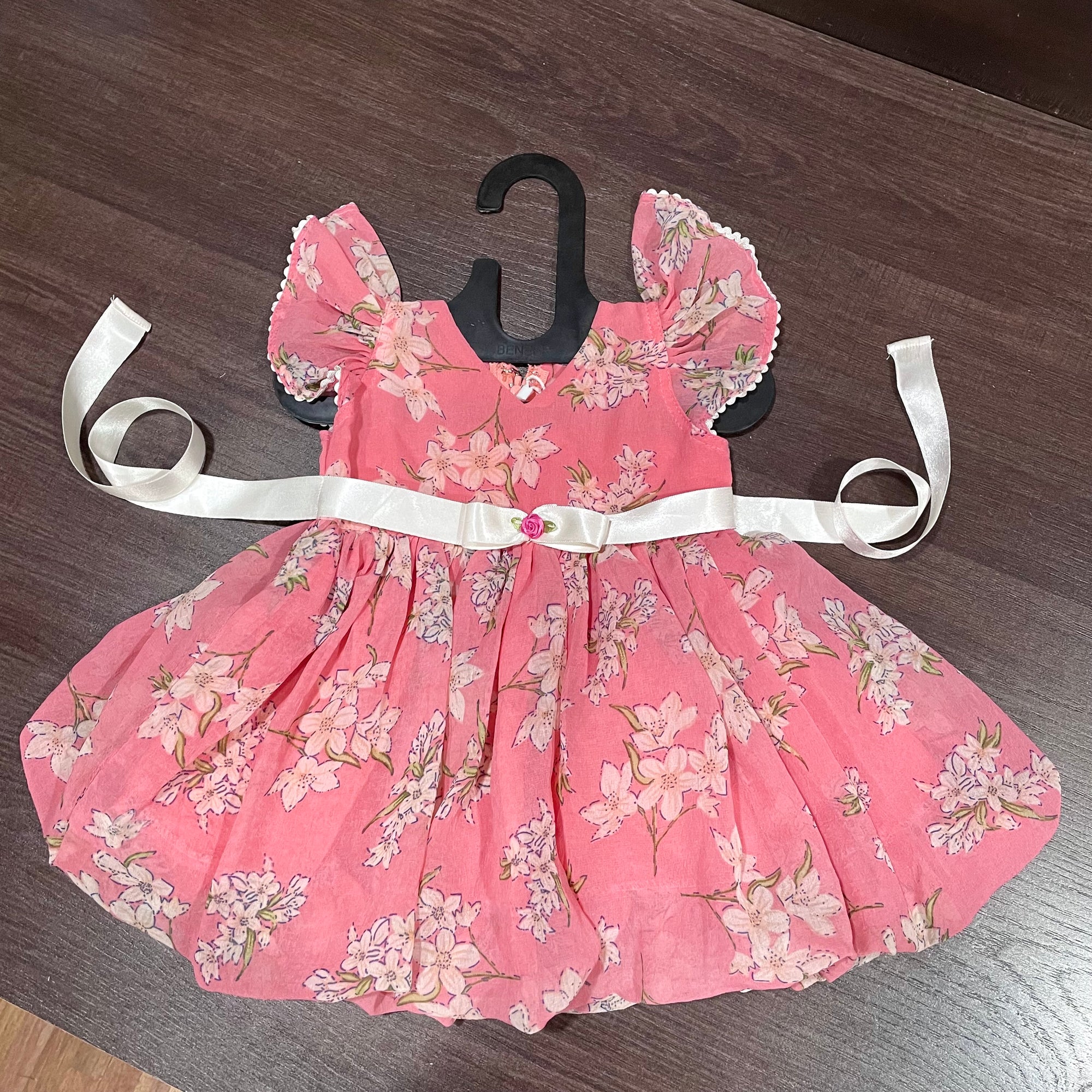 Pink Chiffon Lily Print Ballon Styled Frock