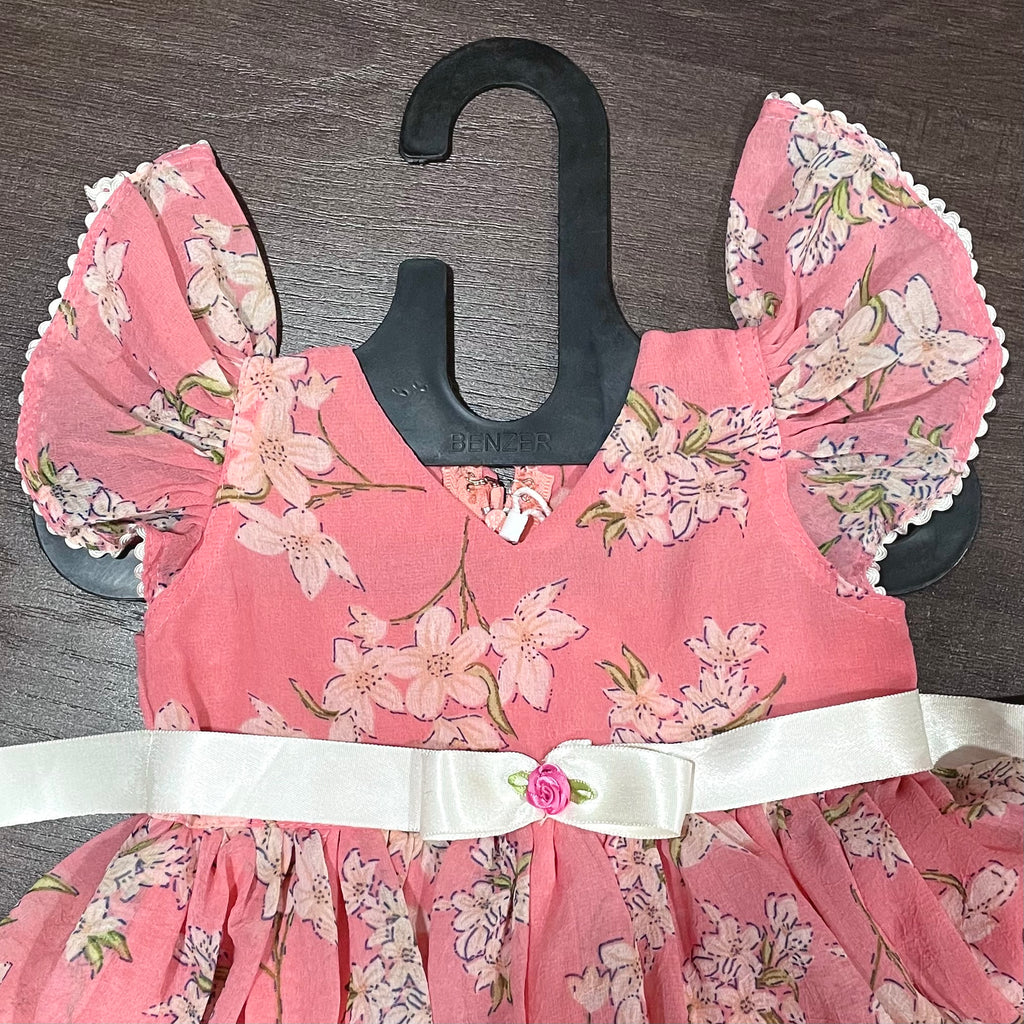 Pink Chiffon Lily Print Ballon Styled Frock