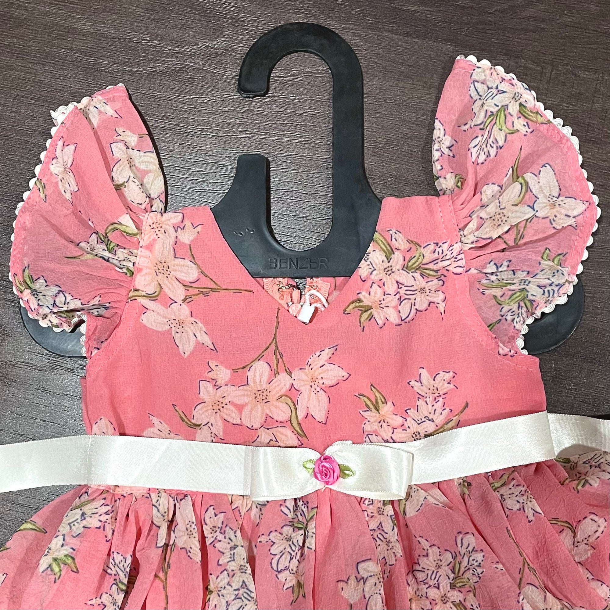 Pink Chiffon Lily Print Ballon Styled Frock