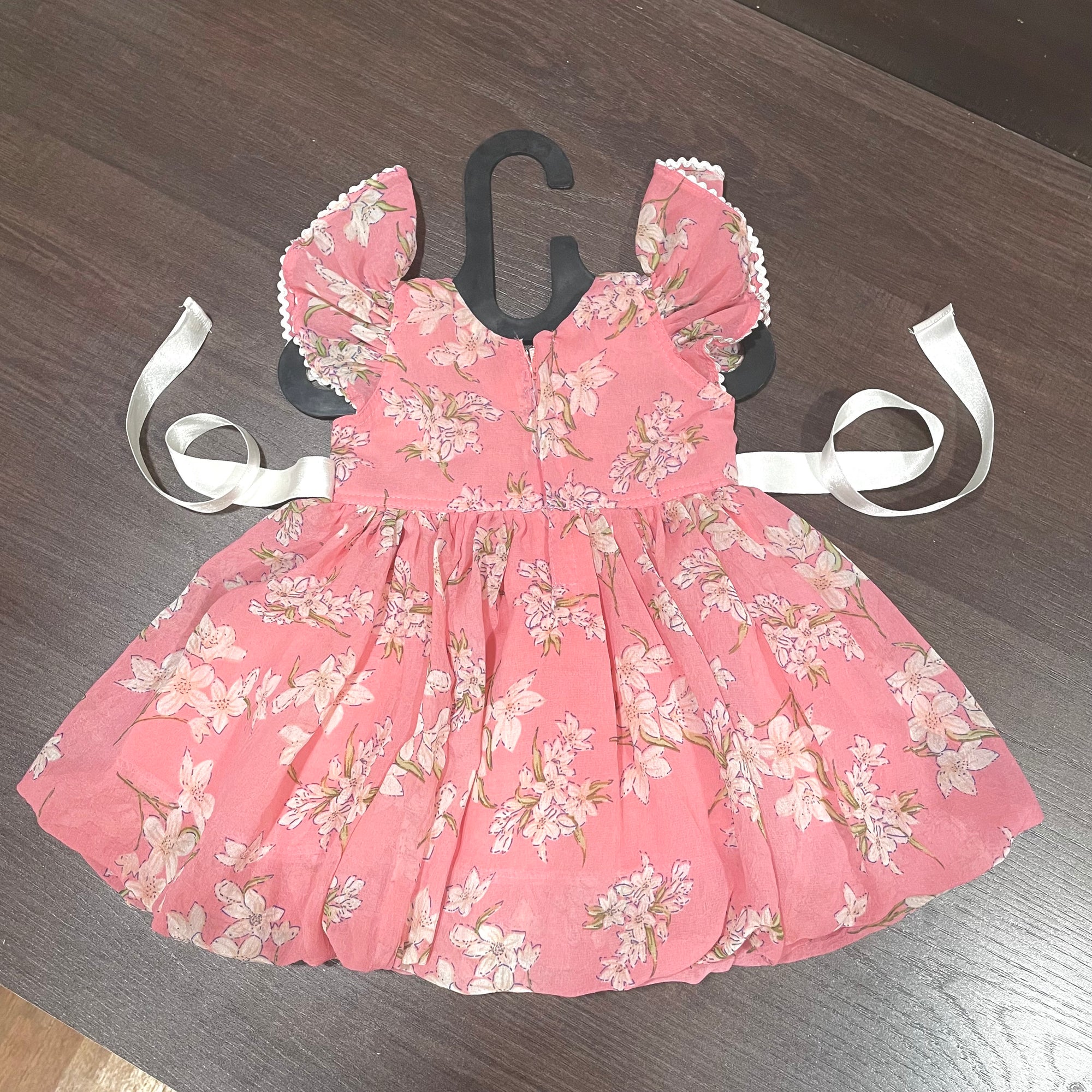 Pink Chiffon Lily Print Ballon Styled Frock