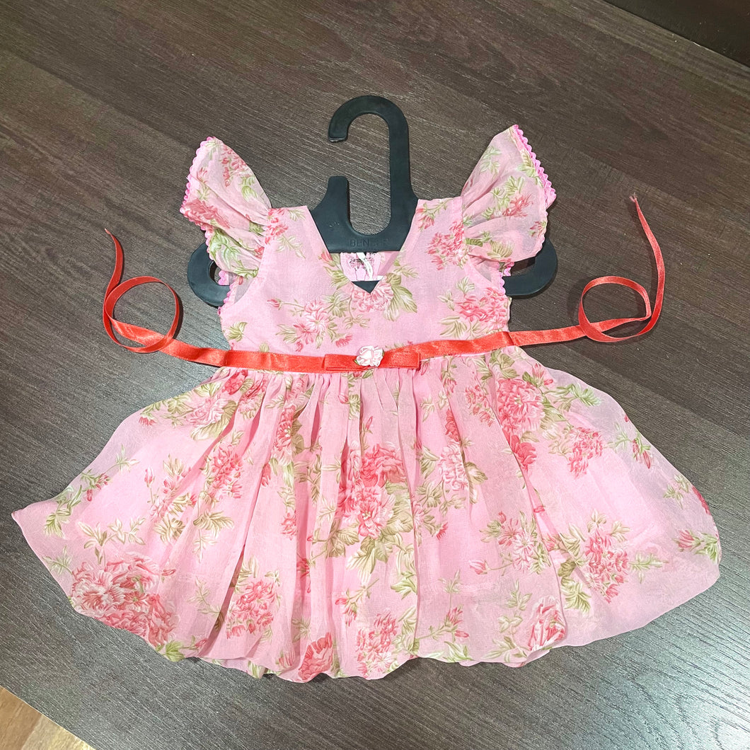Baby Pink Chiffon Rose Print Ballon Styled Frock