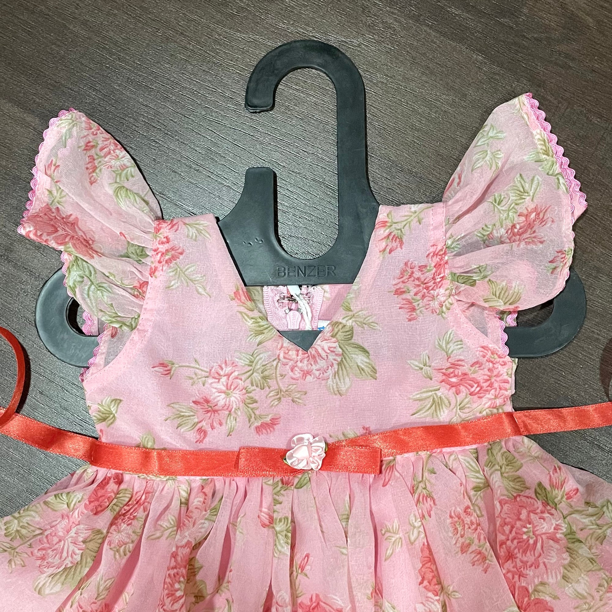 Baby Pink Chiffon Rose Print Ballon Styled Frock