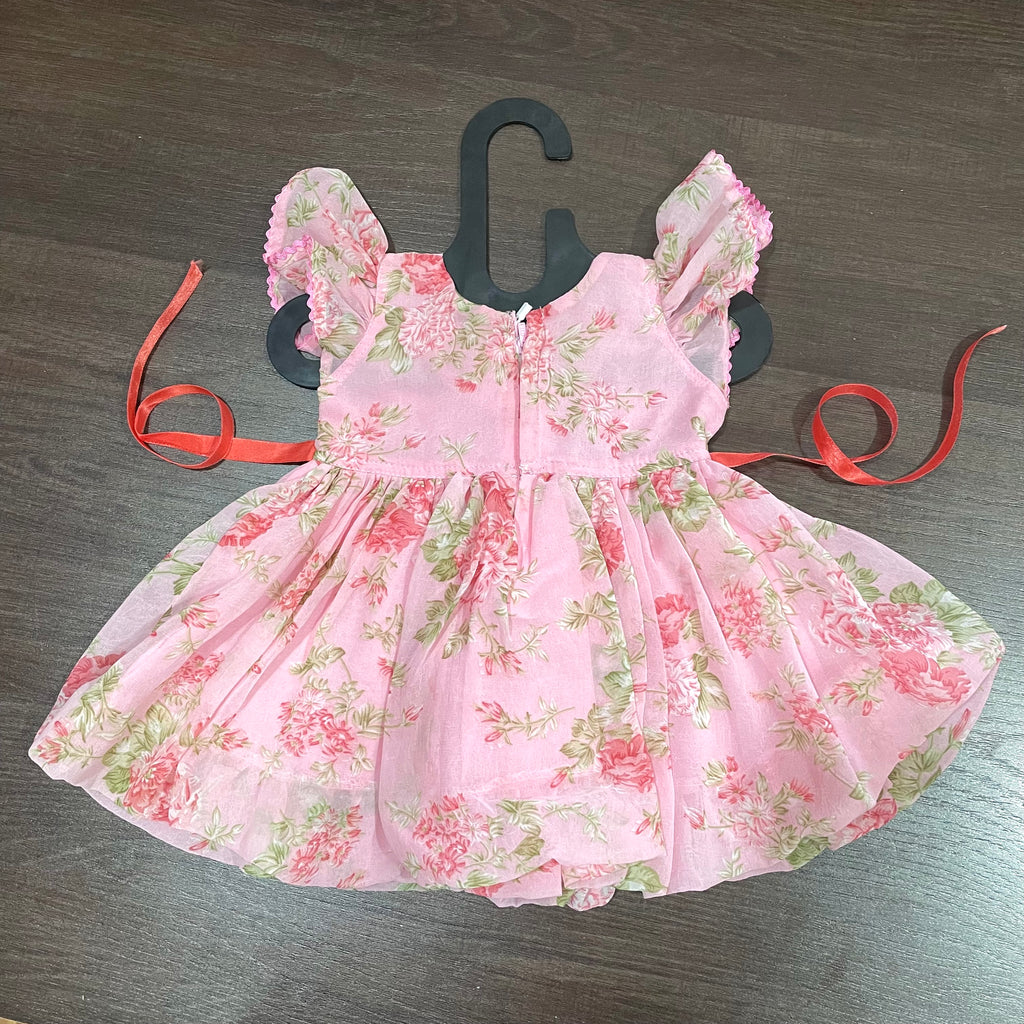 Baby Pink Chiffon Rose Print Ballon Styled Frock