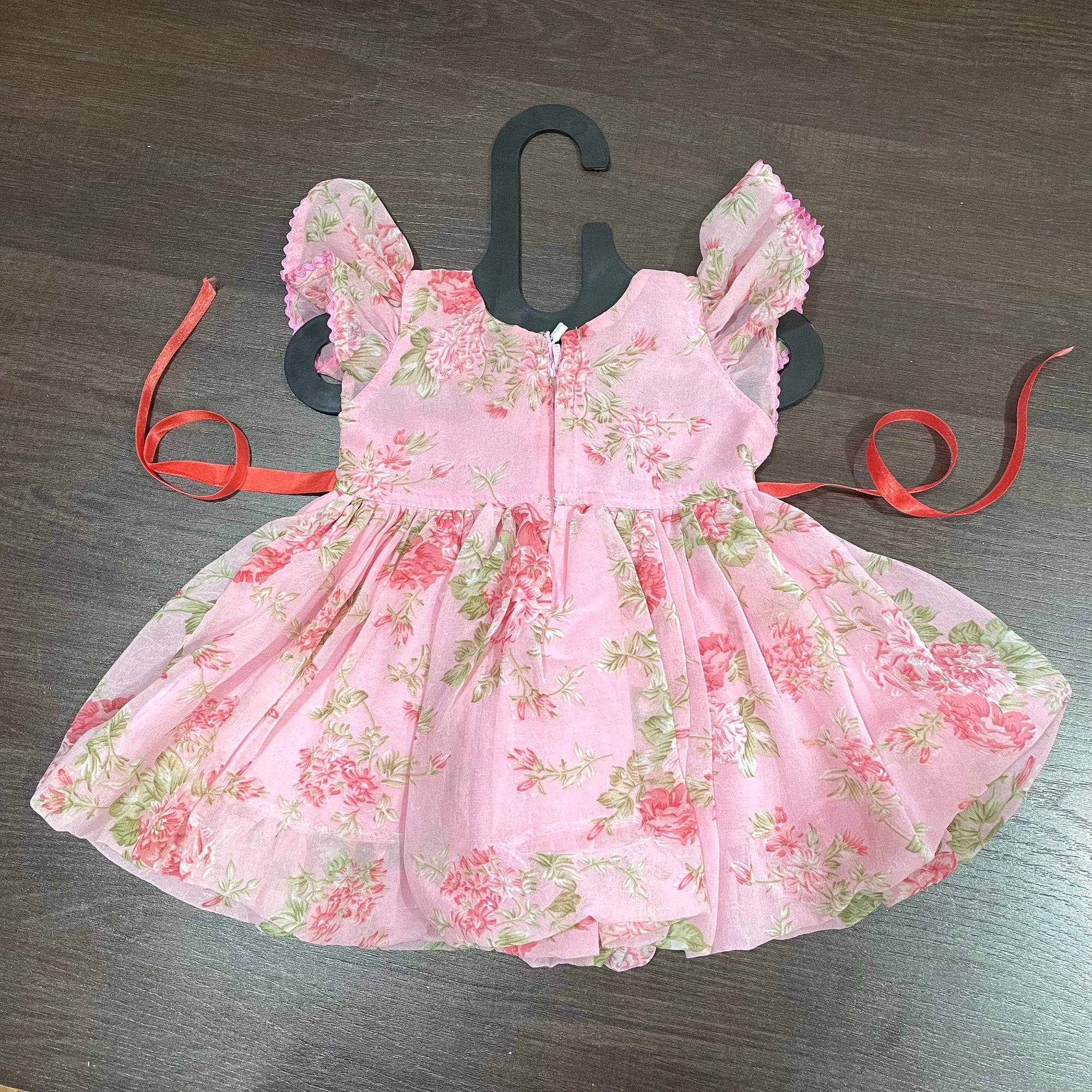 Baby Pink Chiffon Rose Print Ballon Styled Frock