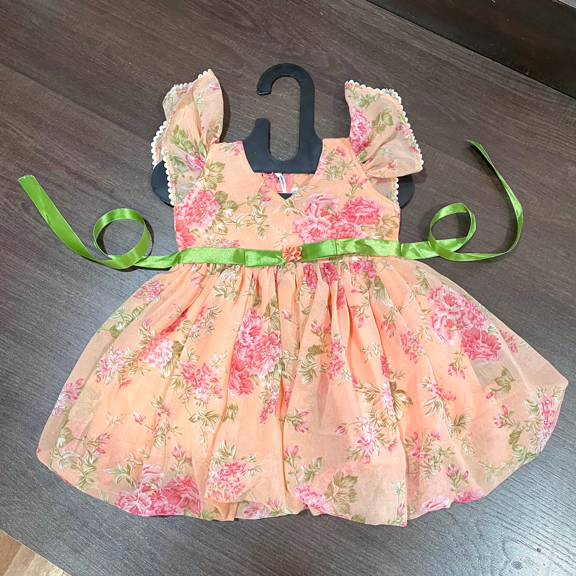 Peach Chiffon Rose Print Ballon Styled Frock