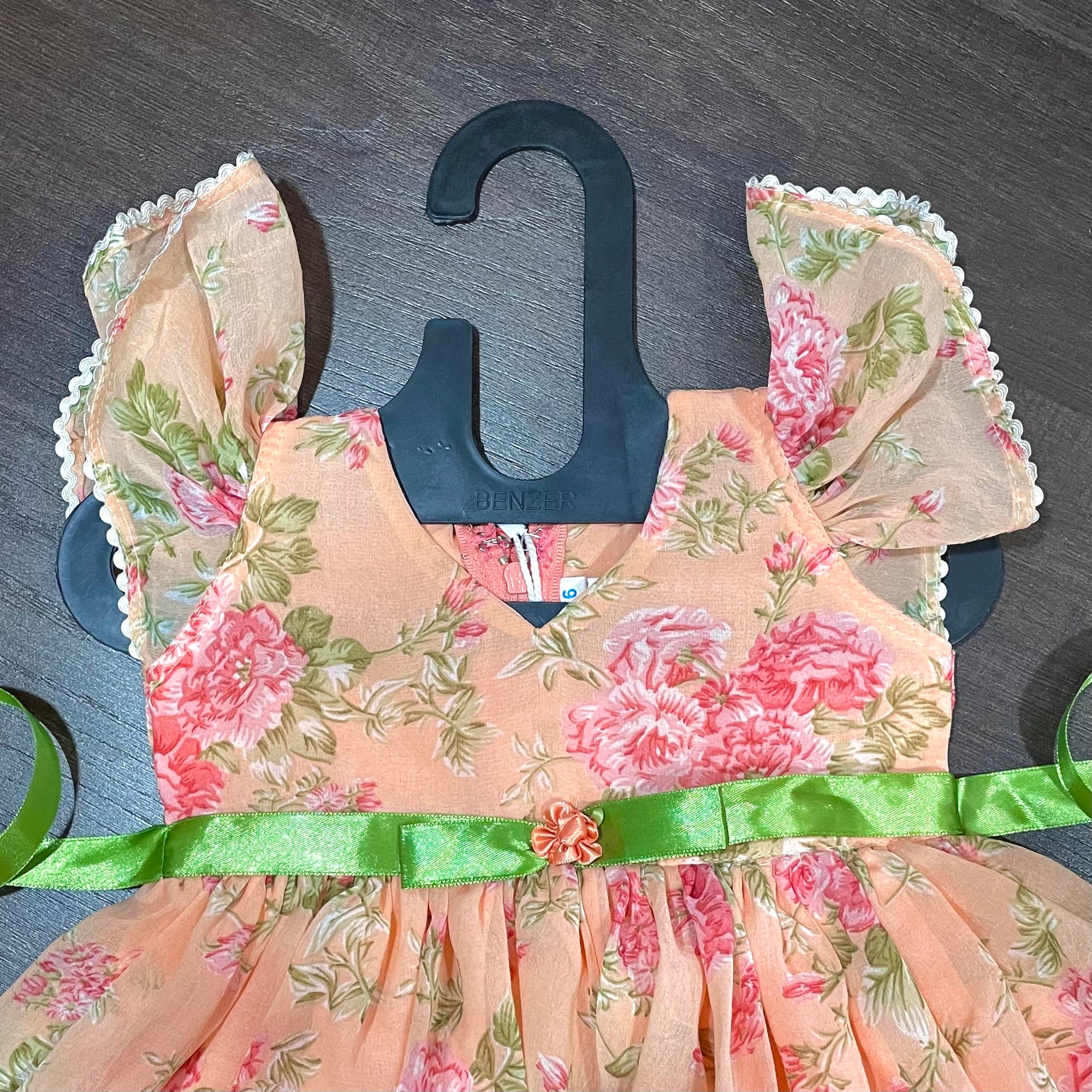 Peach Chiffon Rose Print Ballon Styled Frock