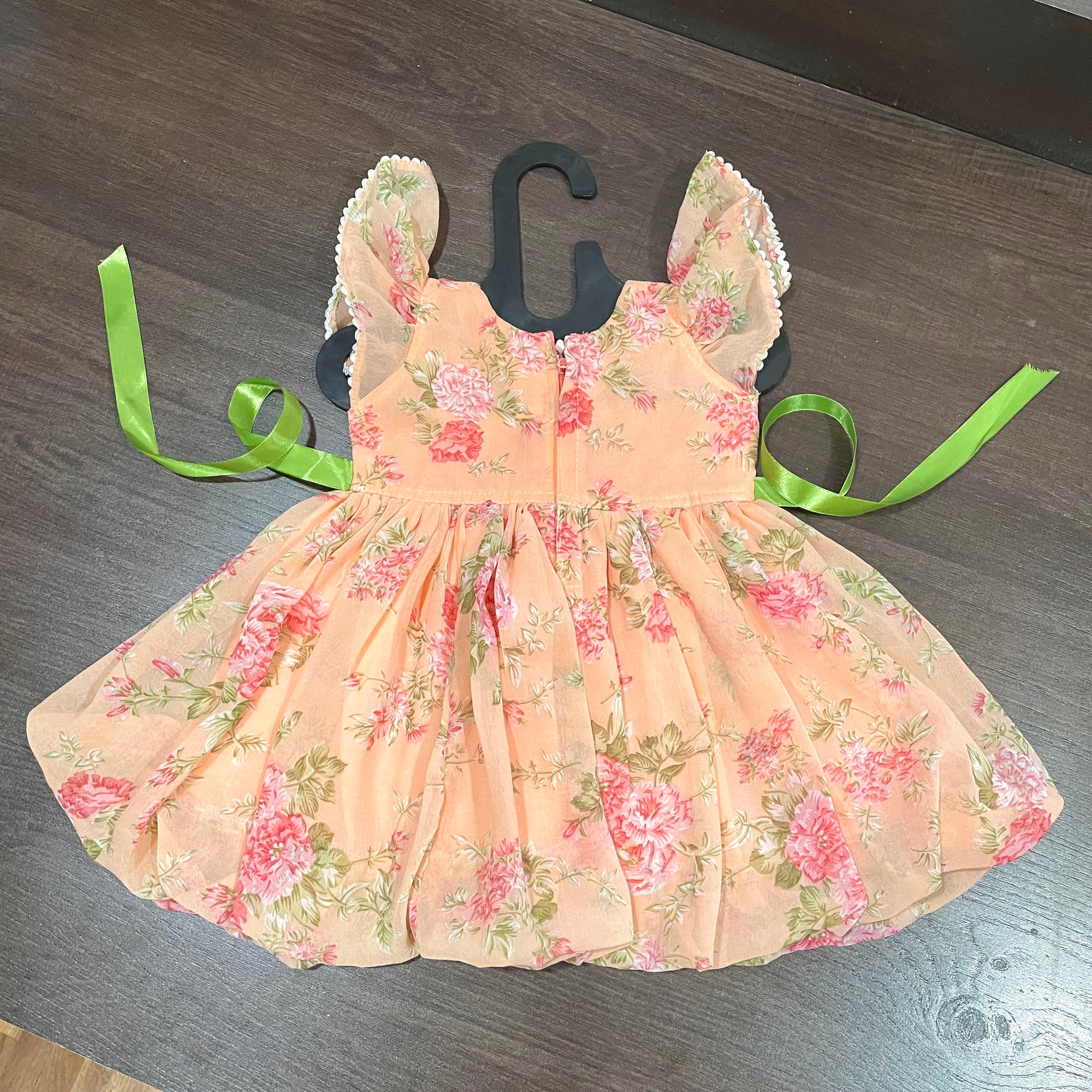 Peach Chiffon Rose Print Ballon Styled Frock