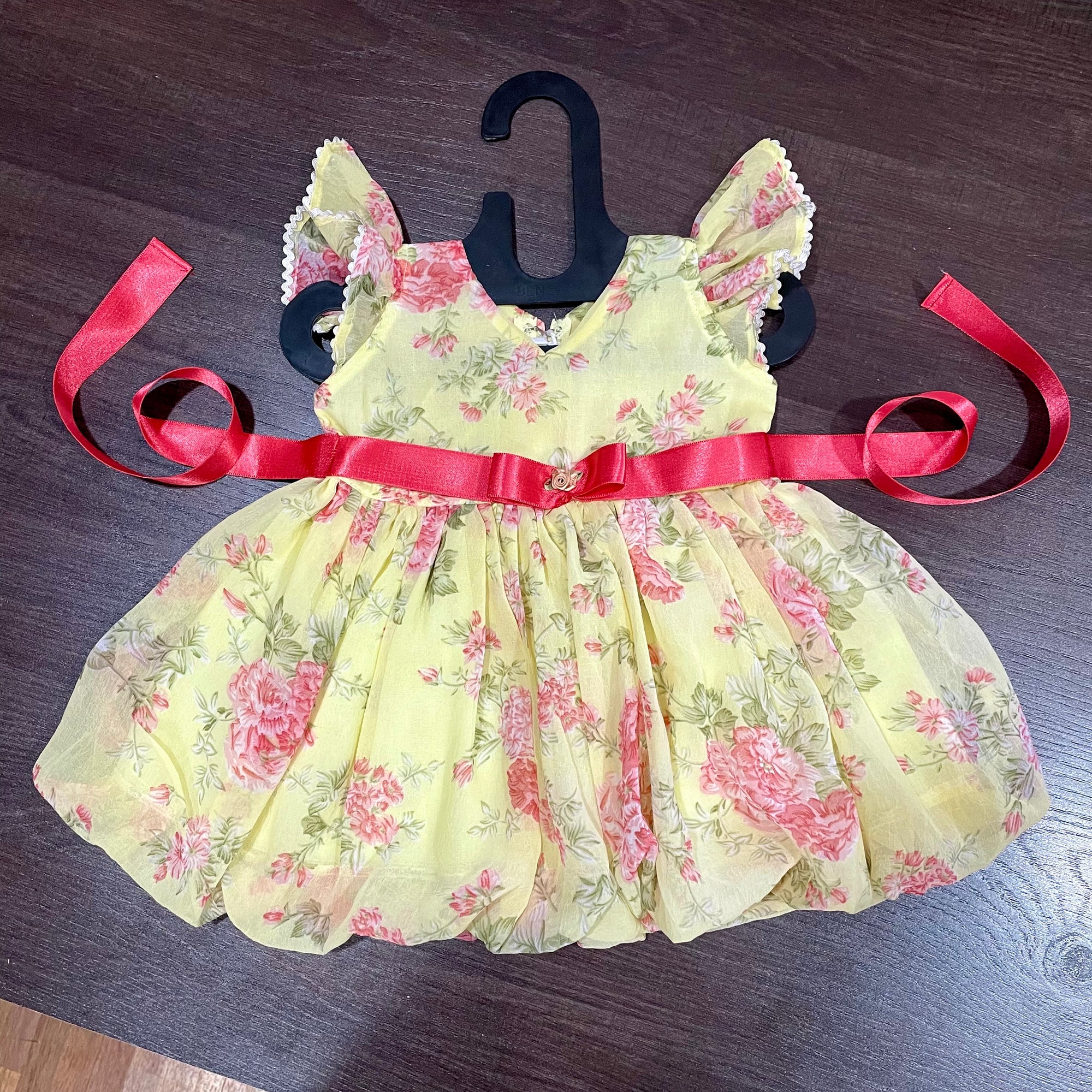 Lemon Yellow Chiffon Rose Print Ballon Styled Frock
