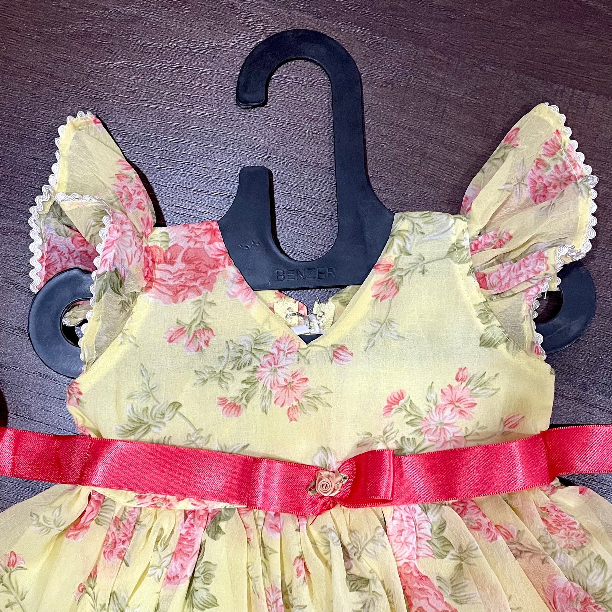 Lemon Yellow Chiffon Rose Print Ballon Styled Frock