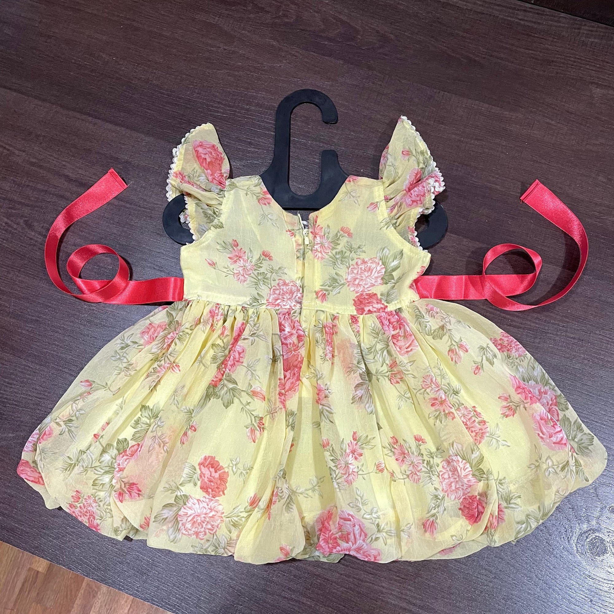 Lemon Yellow Chiffon Rose Print Ballon Styled Frock