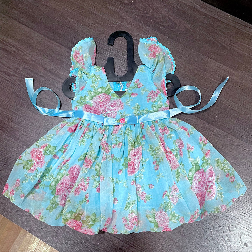 Sky Blue Chiffon Rose Print Ballon Styled Frock