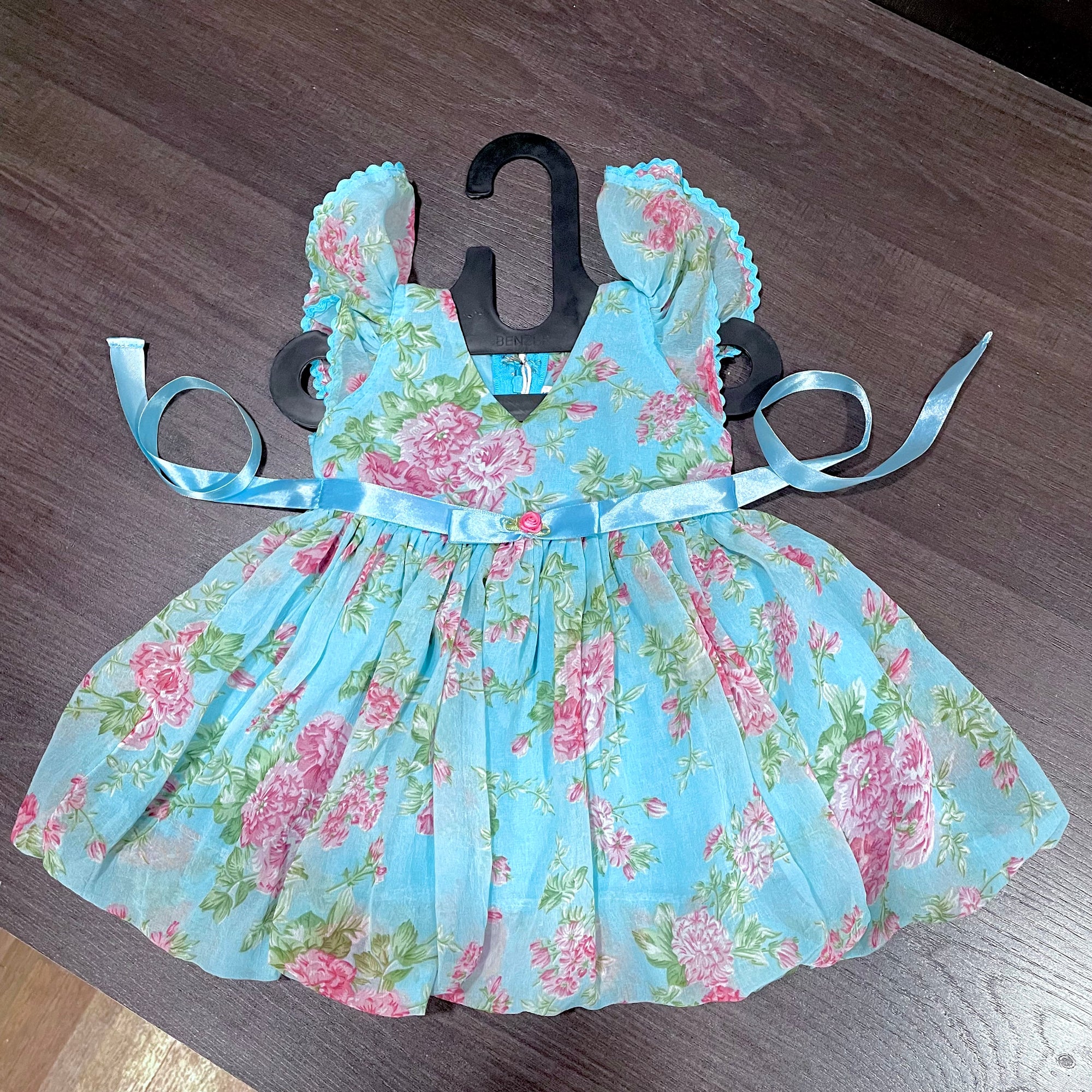 Sky Blue Chiffon Rose Print Ballon Styled Frock