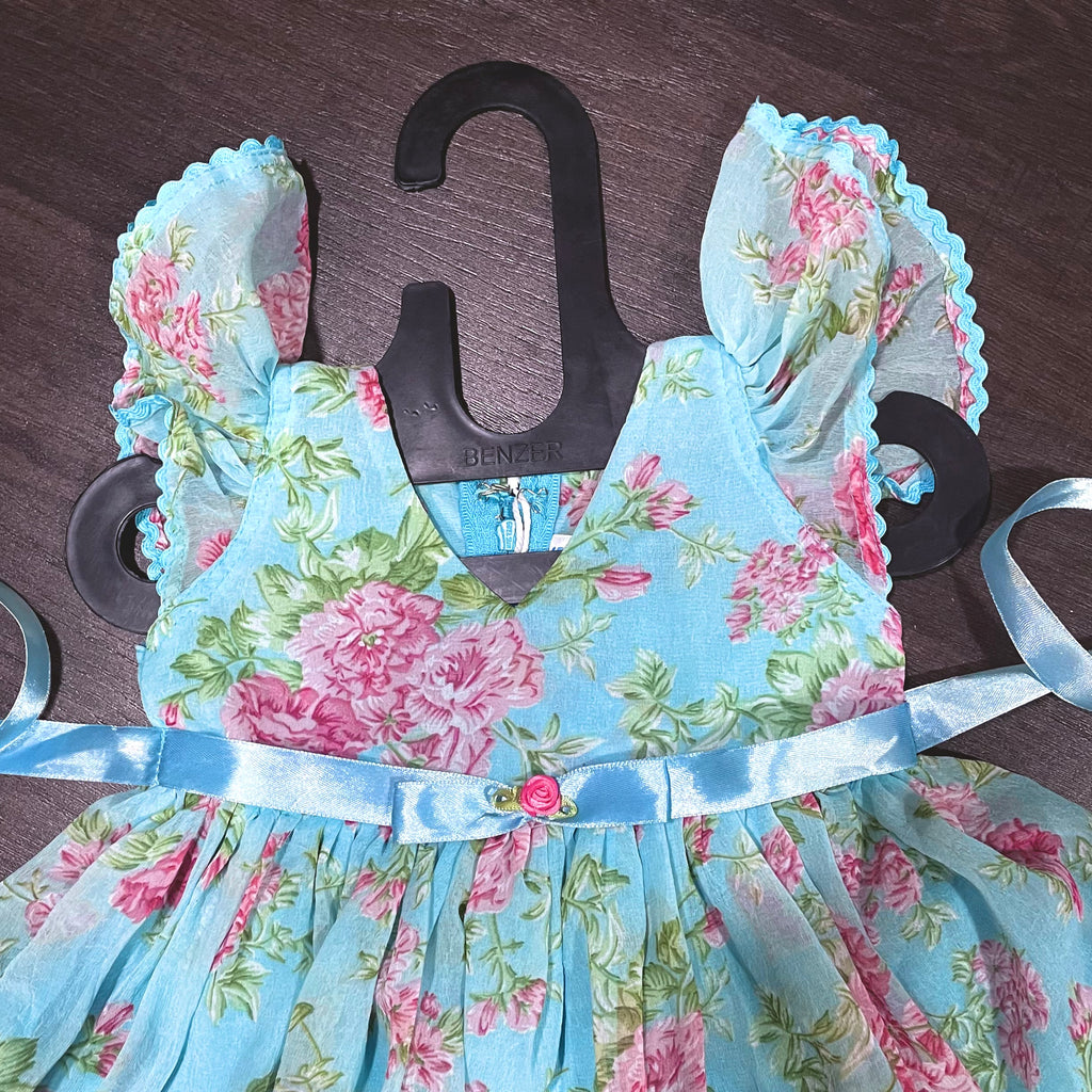 Sky Blue Chiffon Rose Print Ballon Styled Frock