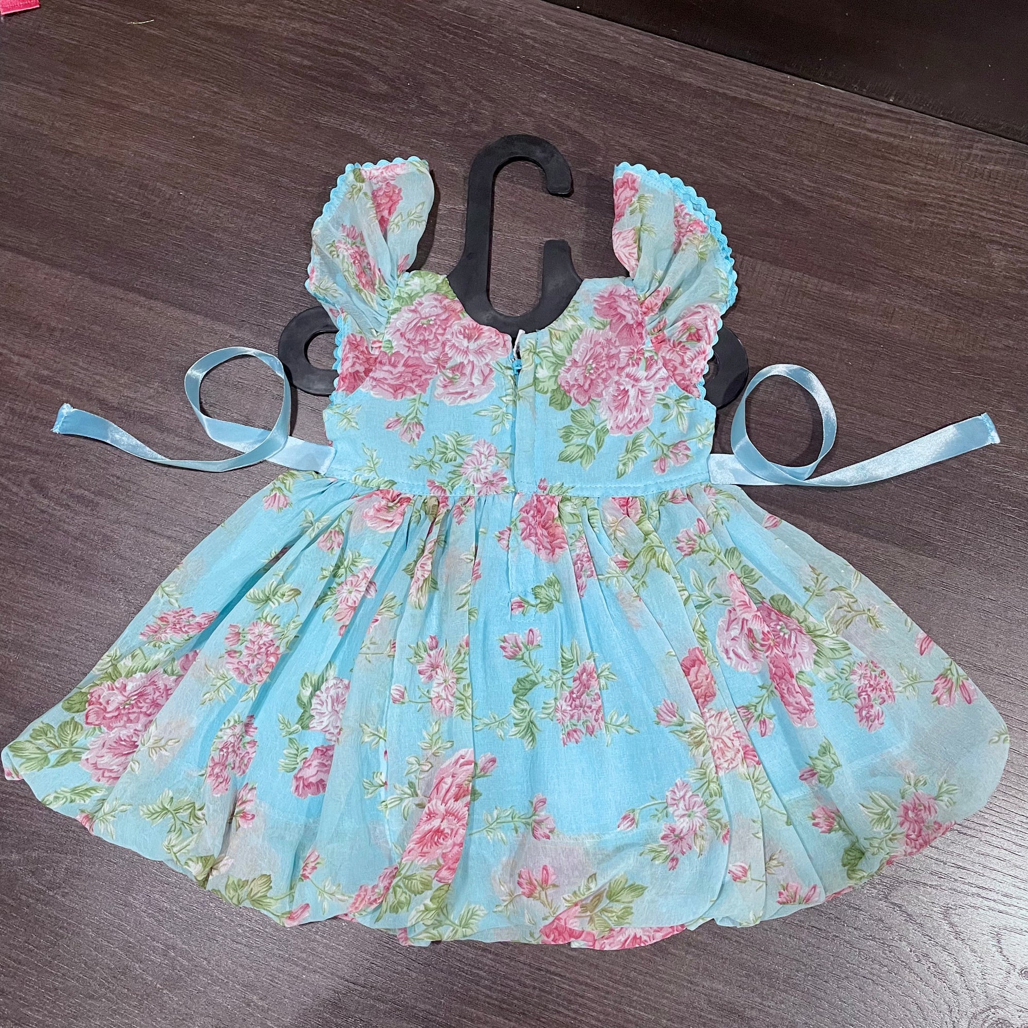 Sky Blue Chiffon Rose Print Ballon Styled Frock