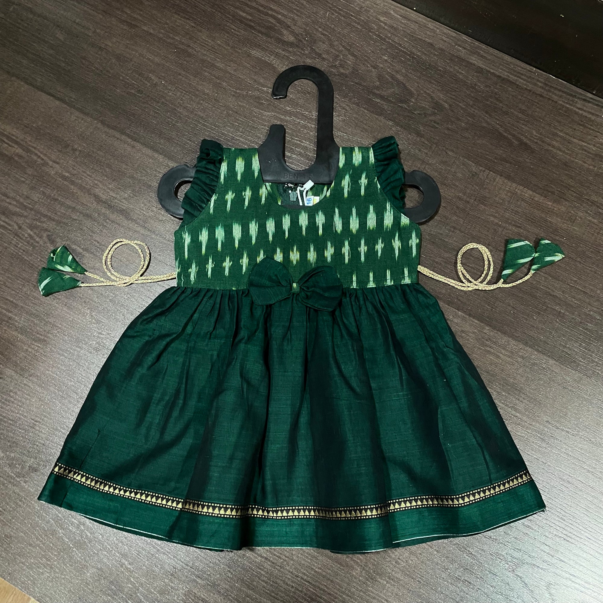 Bottle Green Ikat Ilkal Combination Knee Length Frock Dress