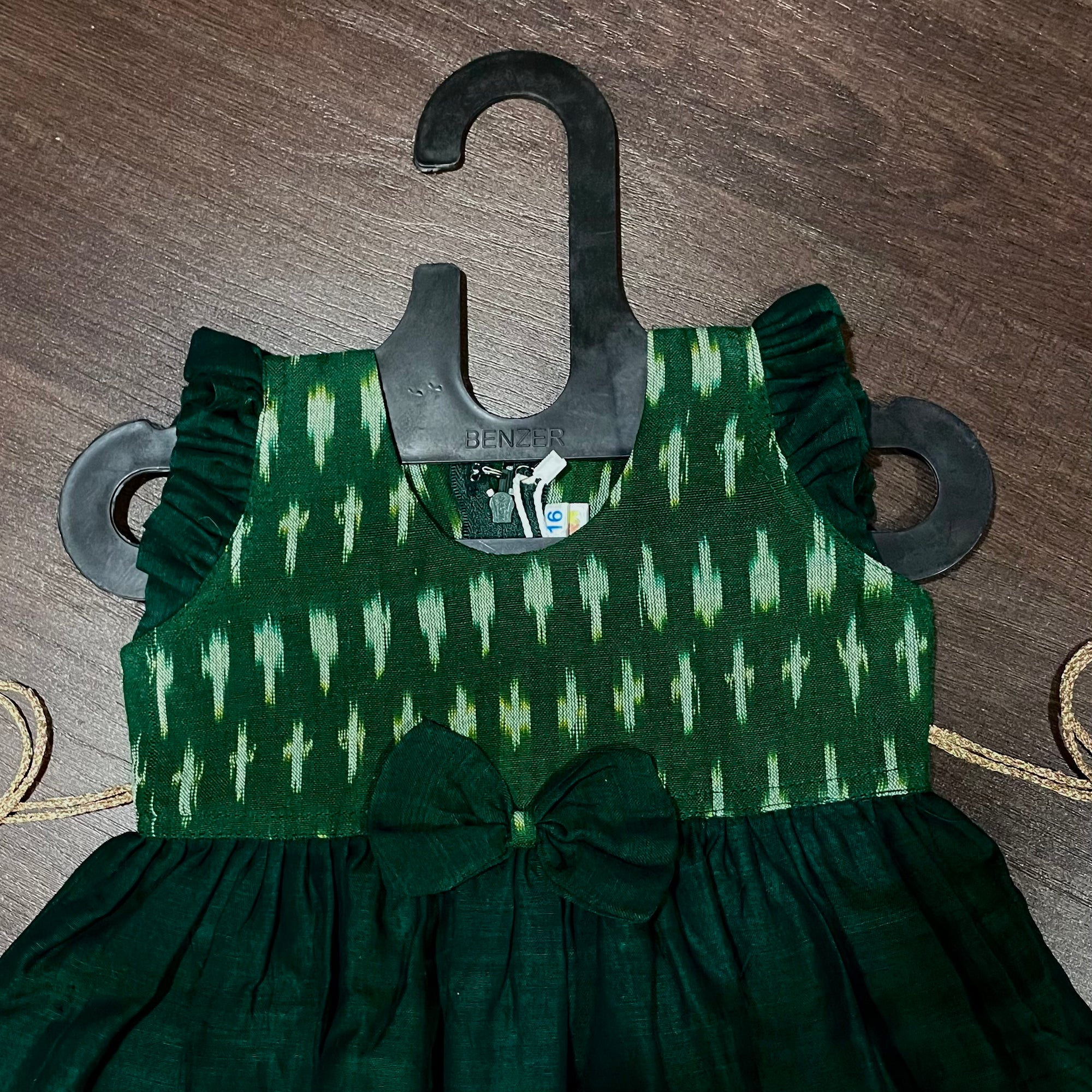 Bottle Green Ikat Ilkal Combination Knee Length Frock Dress