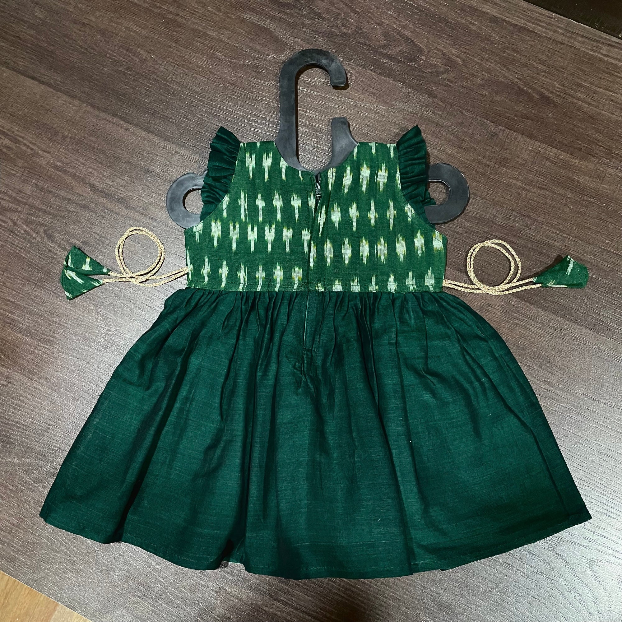 Bottle Green Ikat Ilkal Combination Knee Length Frock Dress