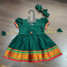 Load image into Gallery viewer, Bottle Green South Ilkal Border Frock Dress with Hair Belt
