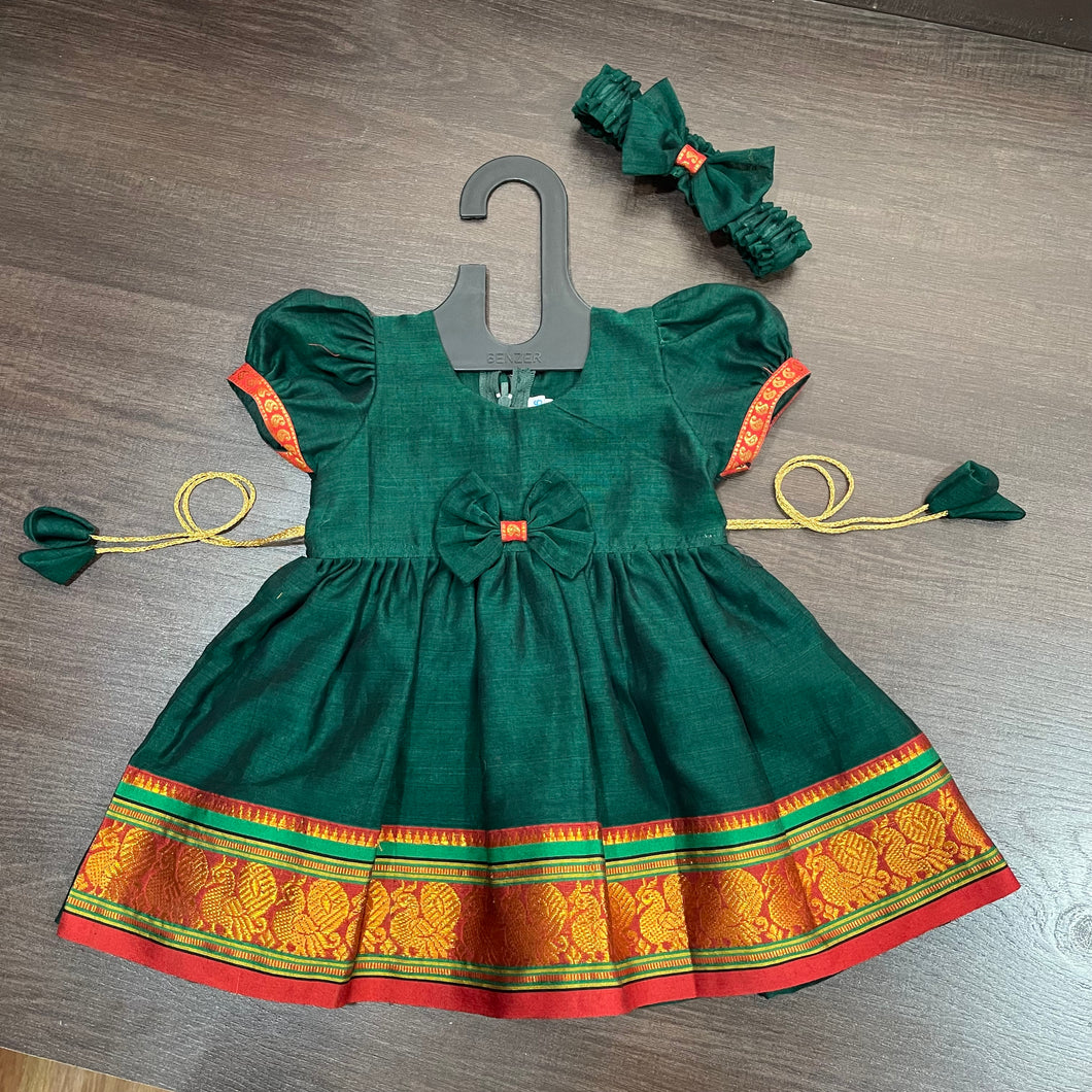 Bottle Green South Ilkal Border Frock Dress with Hair Belt