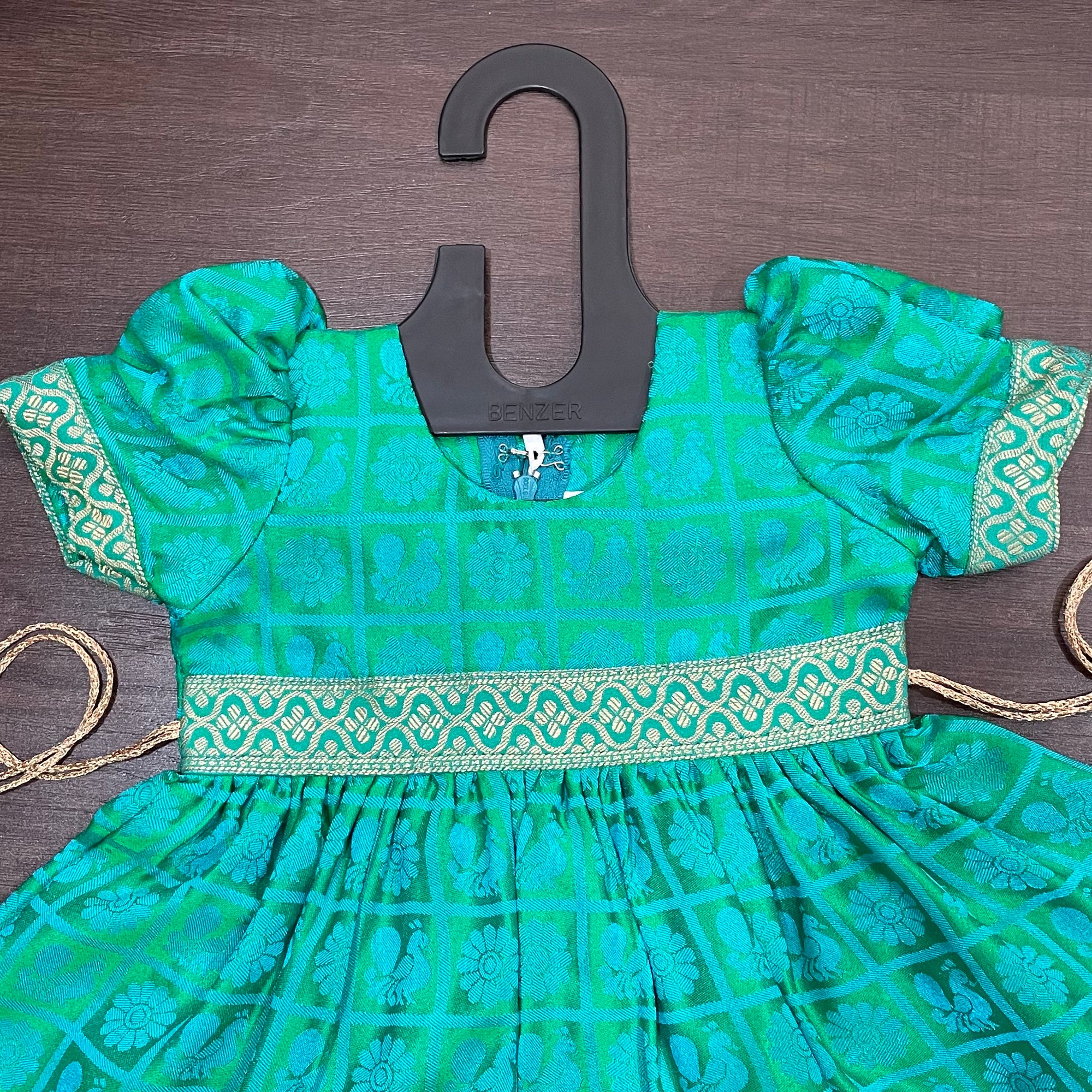 Sea Green Ballon Sleeves checks Peacock Silk Frock Dress