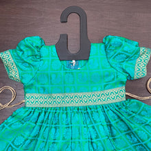 Load image into Gallery viewer, Sea Green Ballon Sleeves checks Peacock Silk Frock Dress
