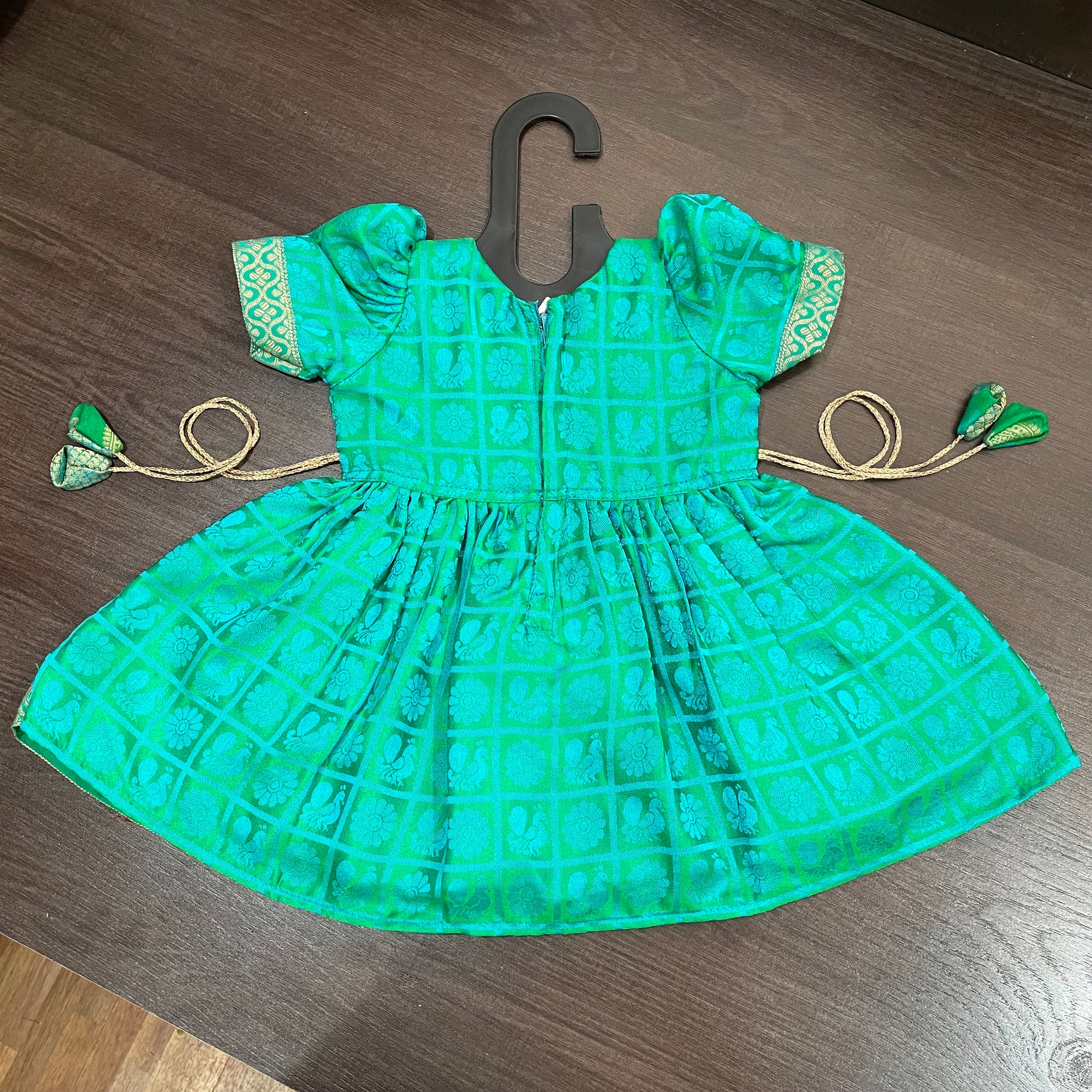 Sea Green Ballon Sleeves checks Peacock Silk Frock Dress
