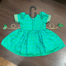 Load image into Gallery viewer, Sea Green Ballon Sleeves checks Peacock Silk Frock Dress
