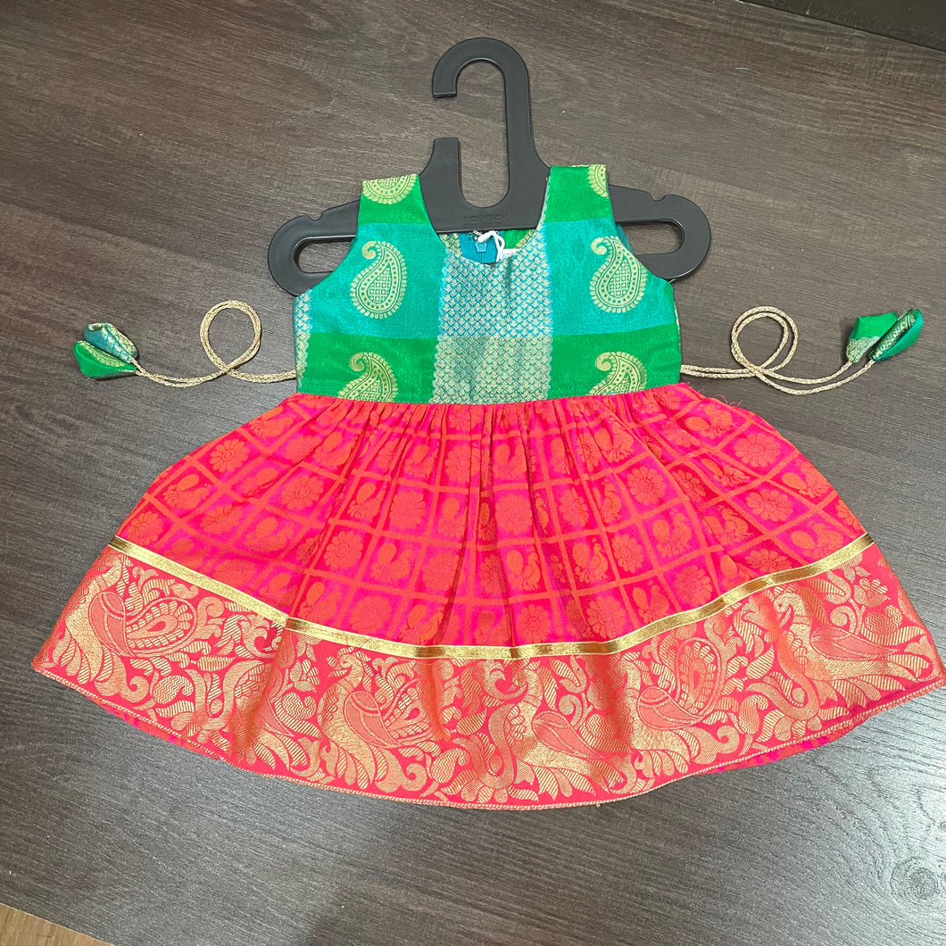 Green Pink sleevless checks Peacock Silk Frock Dress