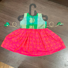 Load image into Gallery viewer, Green Pink sleevless checks Peacock Silk Frock Dress

