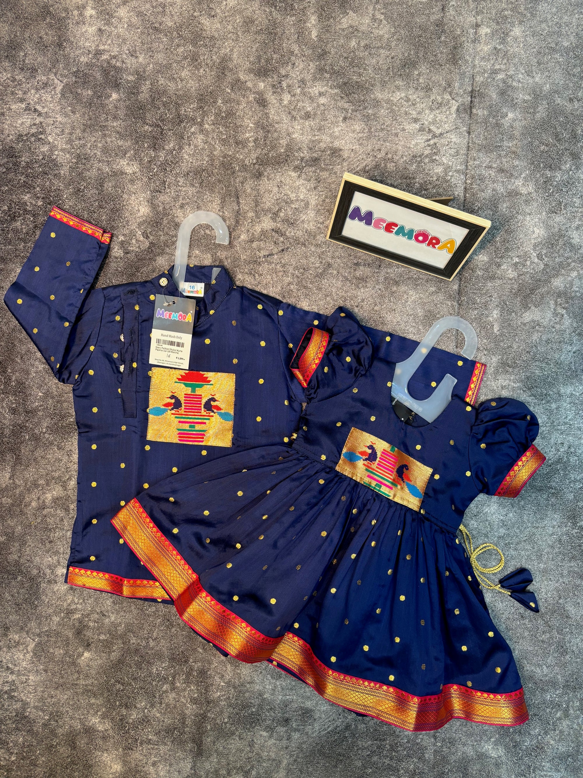 Navy Paithani Styled Peacock Patch Frock & Kurta Pajama Combo