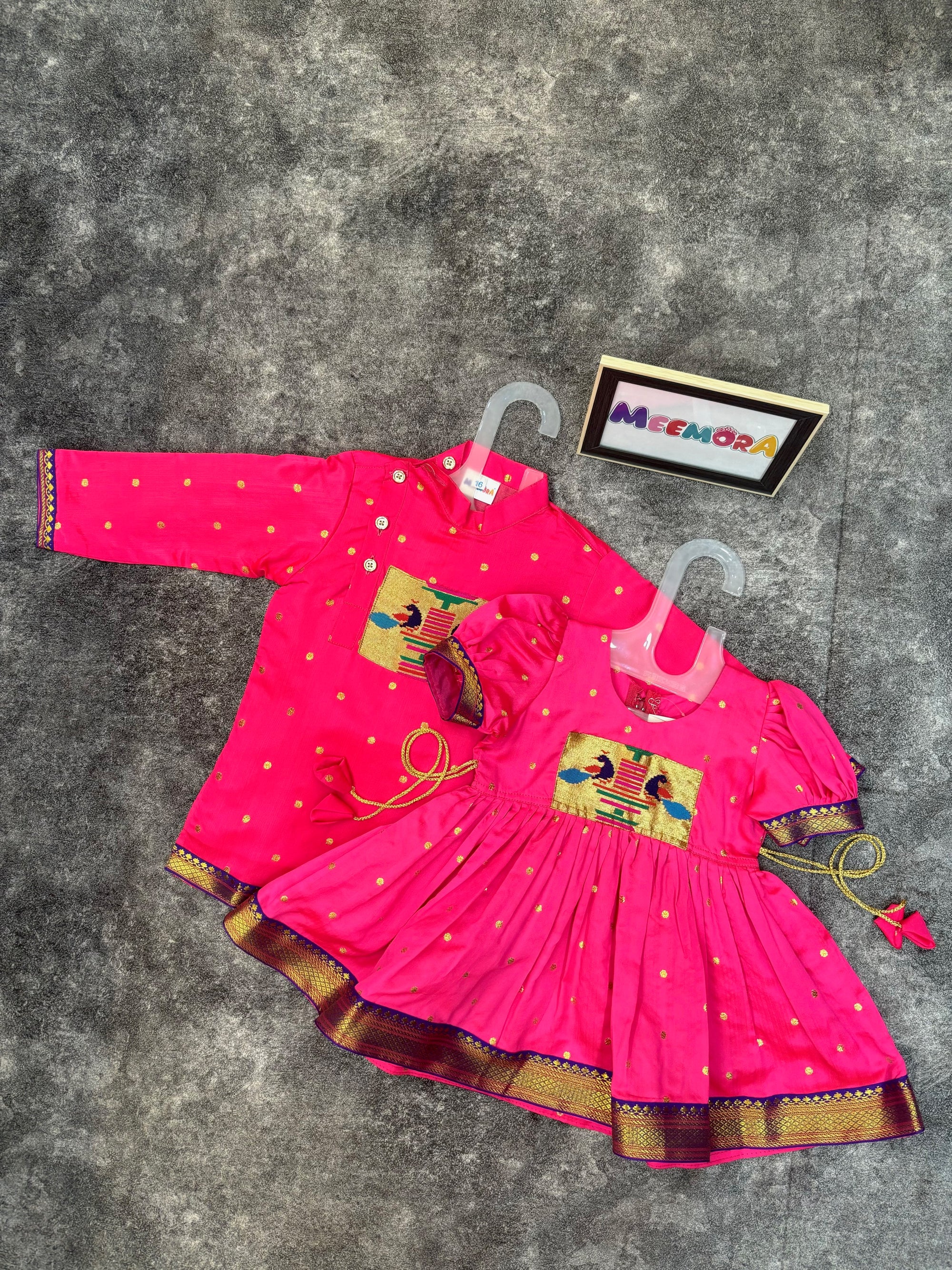 Neon Pink Paithani Styled Peacock Patch Frock & Kurta Pajama Combo