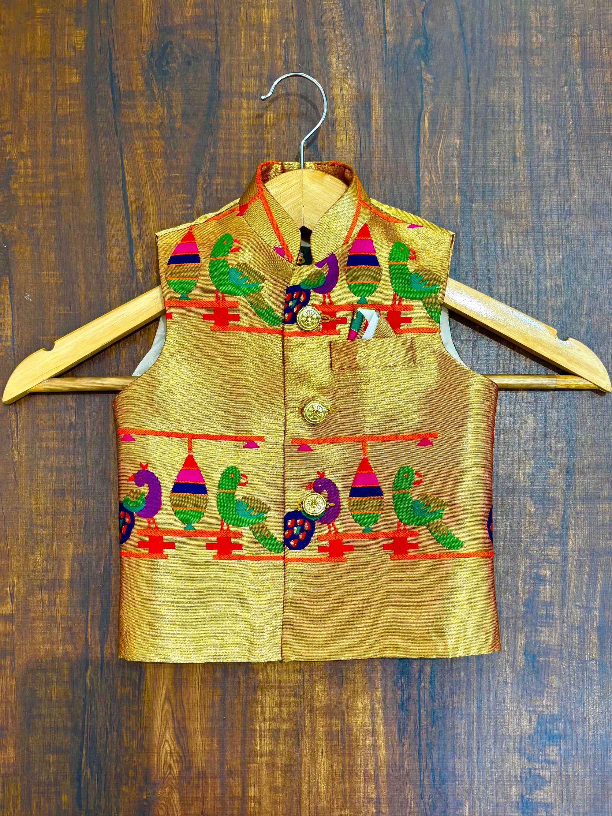 Paithani Golden Zari Peacock Parrot Patch Modi Jacket