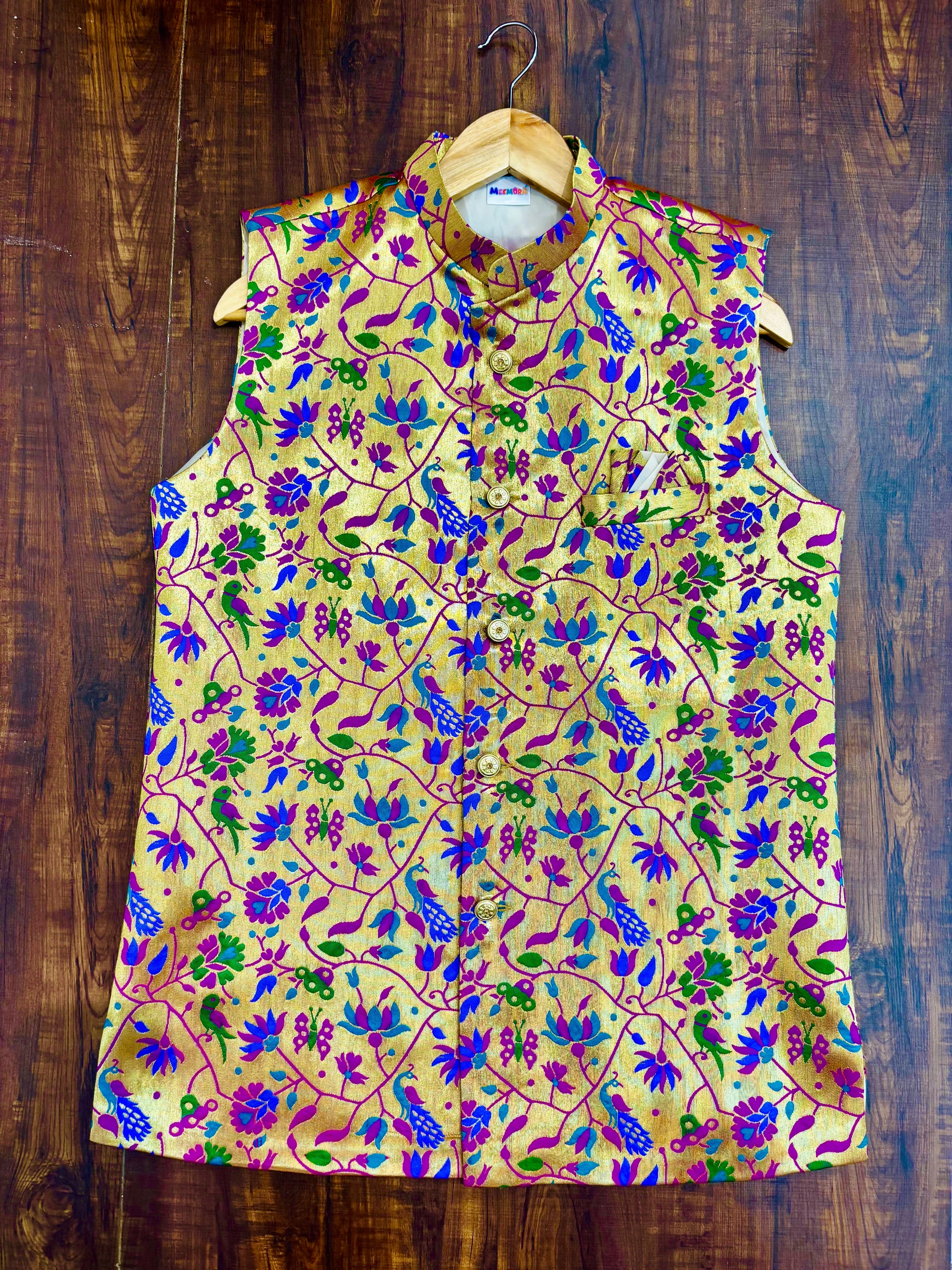 Purple Floral Peacock Paithani Golden Zari Modi Jacket for Men