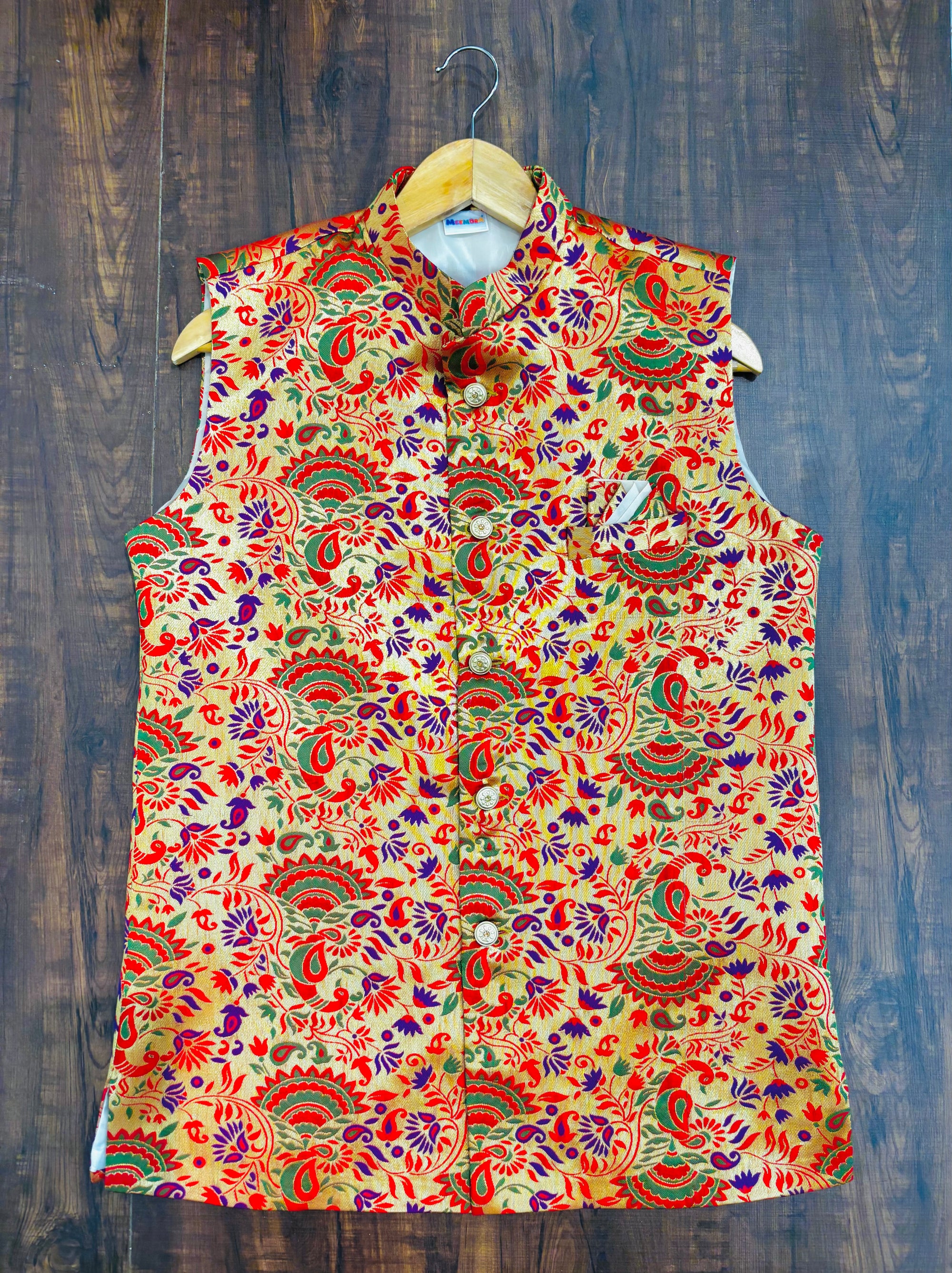 Red Peacock Paithani Golden Zari Modi Jacket for Men