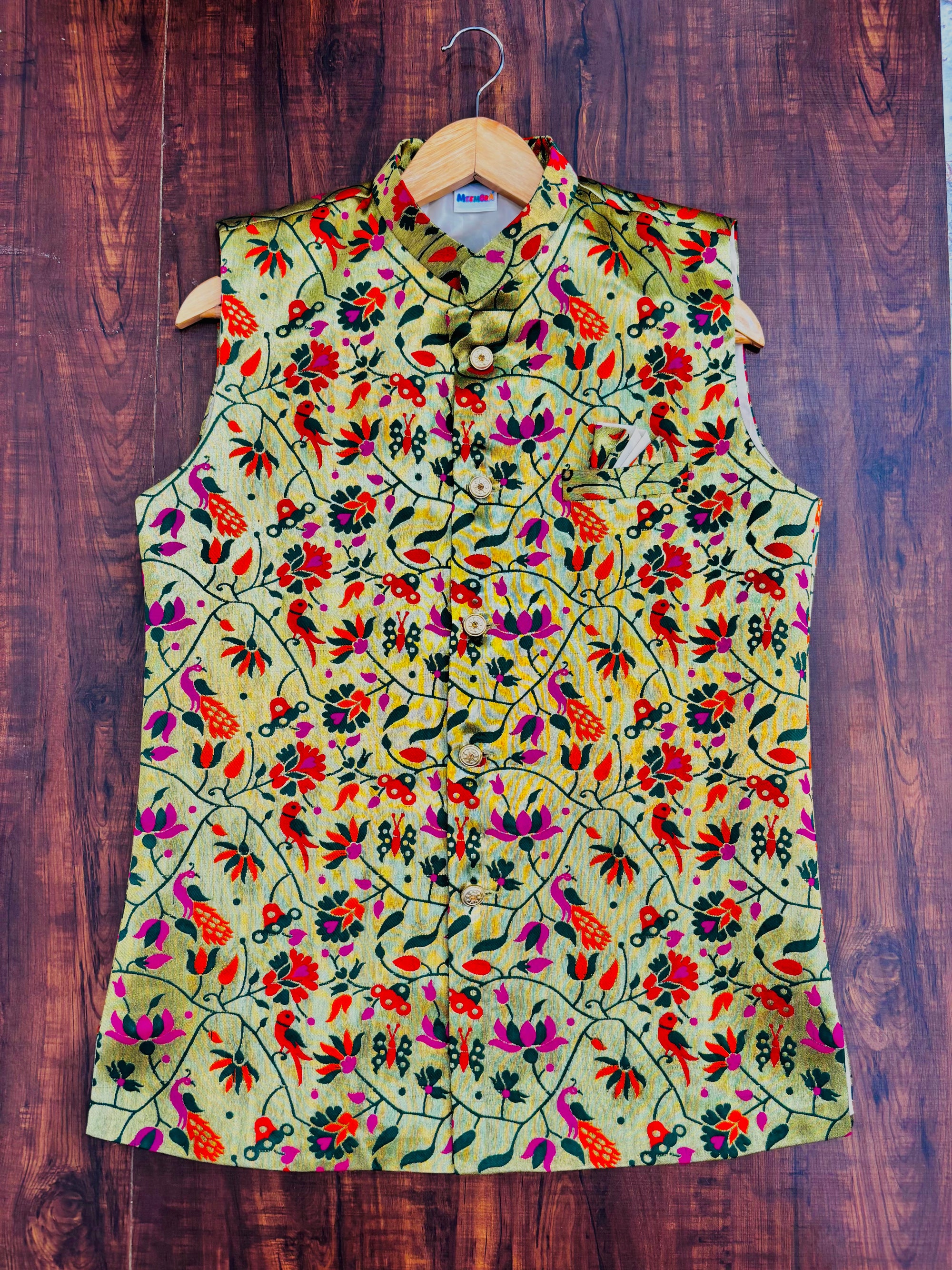 Bottle Green Floral Peacock Paithani Golden Zari Modi Jacket for Men