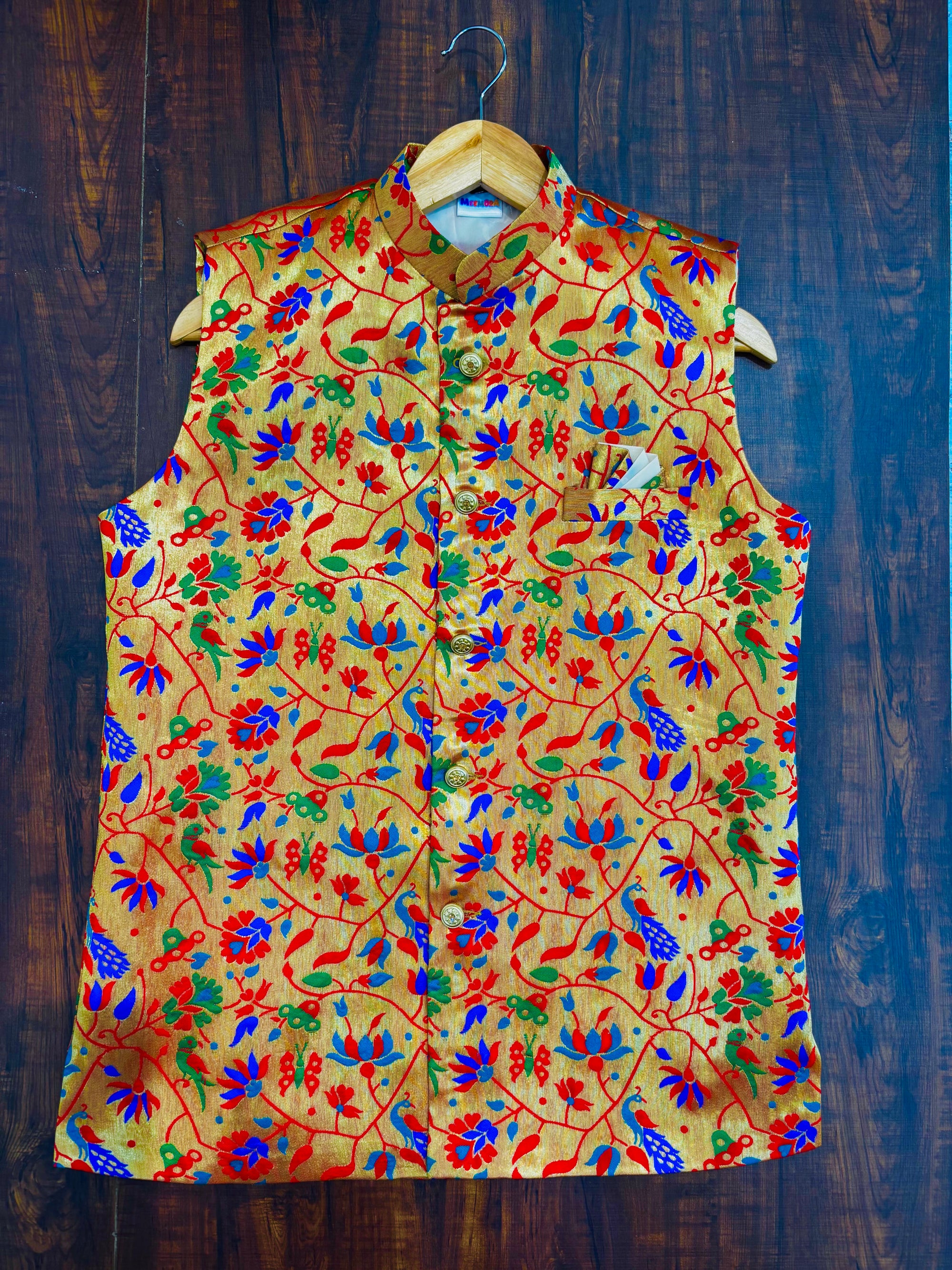Red Peacock Paithani Golden Zari Modi Jacket for Men