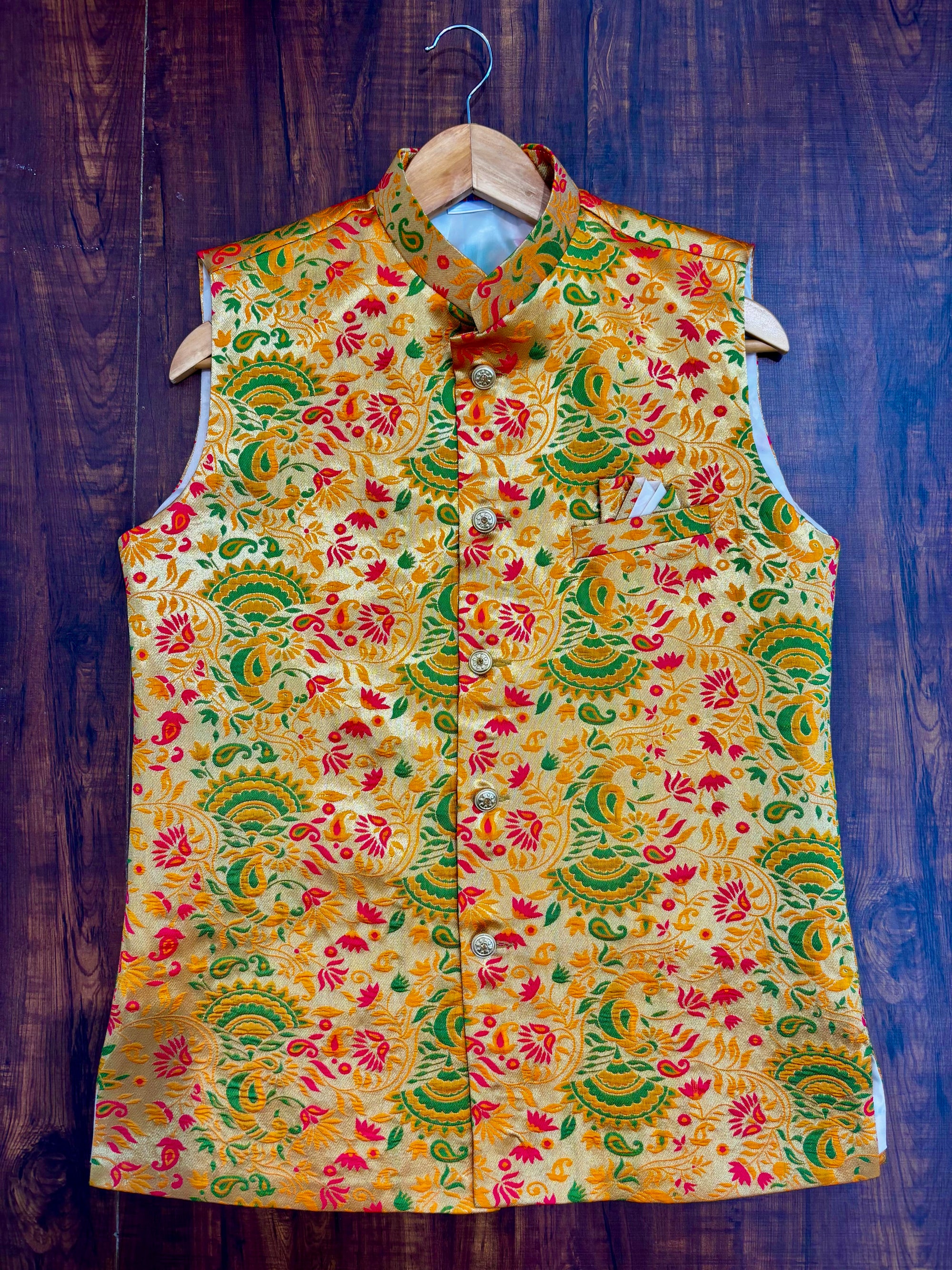 Yellow Peacock Paithani Golden Zari Modi Jacket for Men