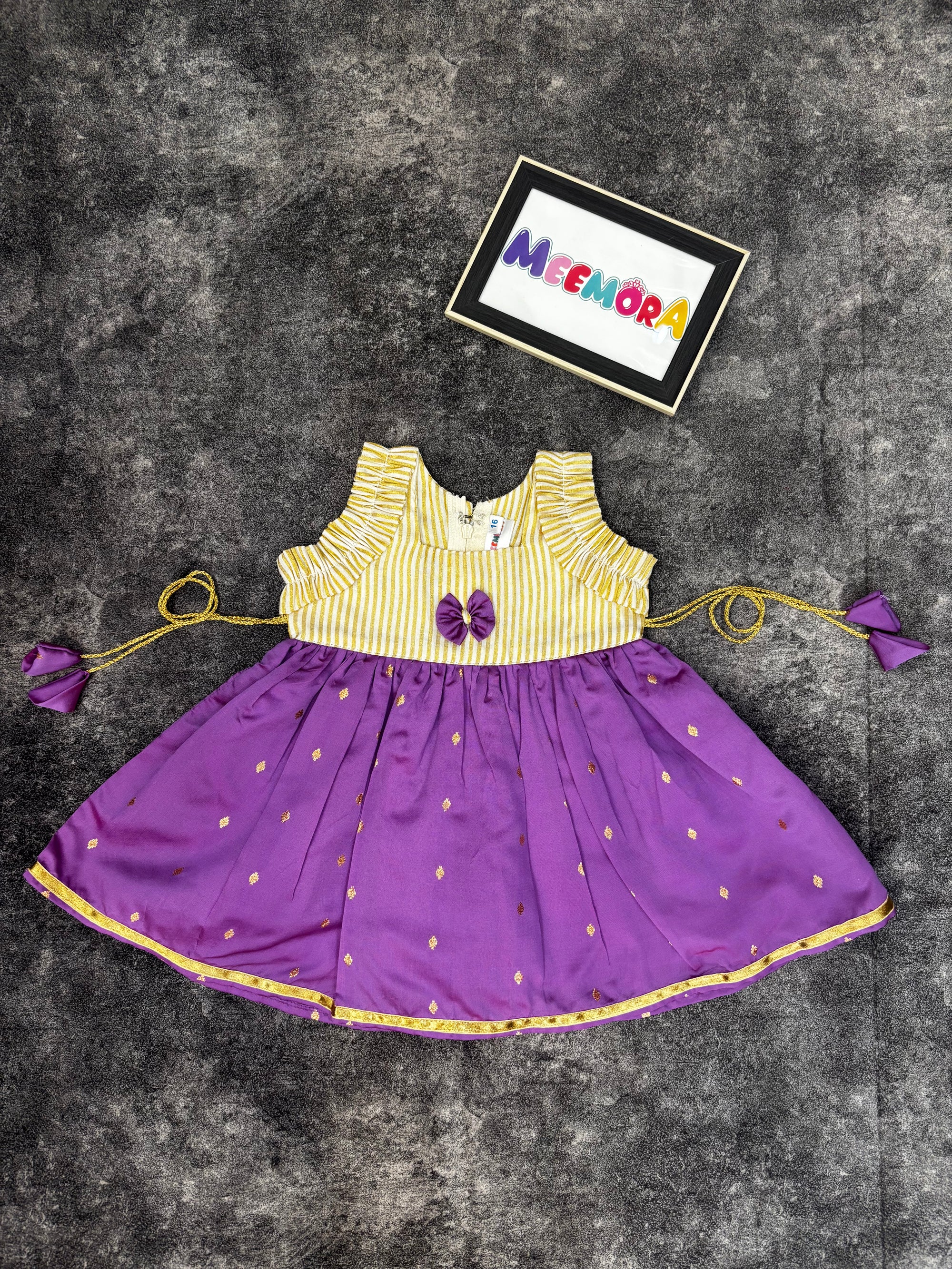 Onam Special Purple & Gold Kasavu Silk Frock for Baby Girl