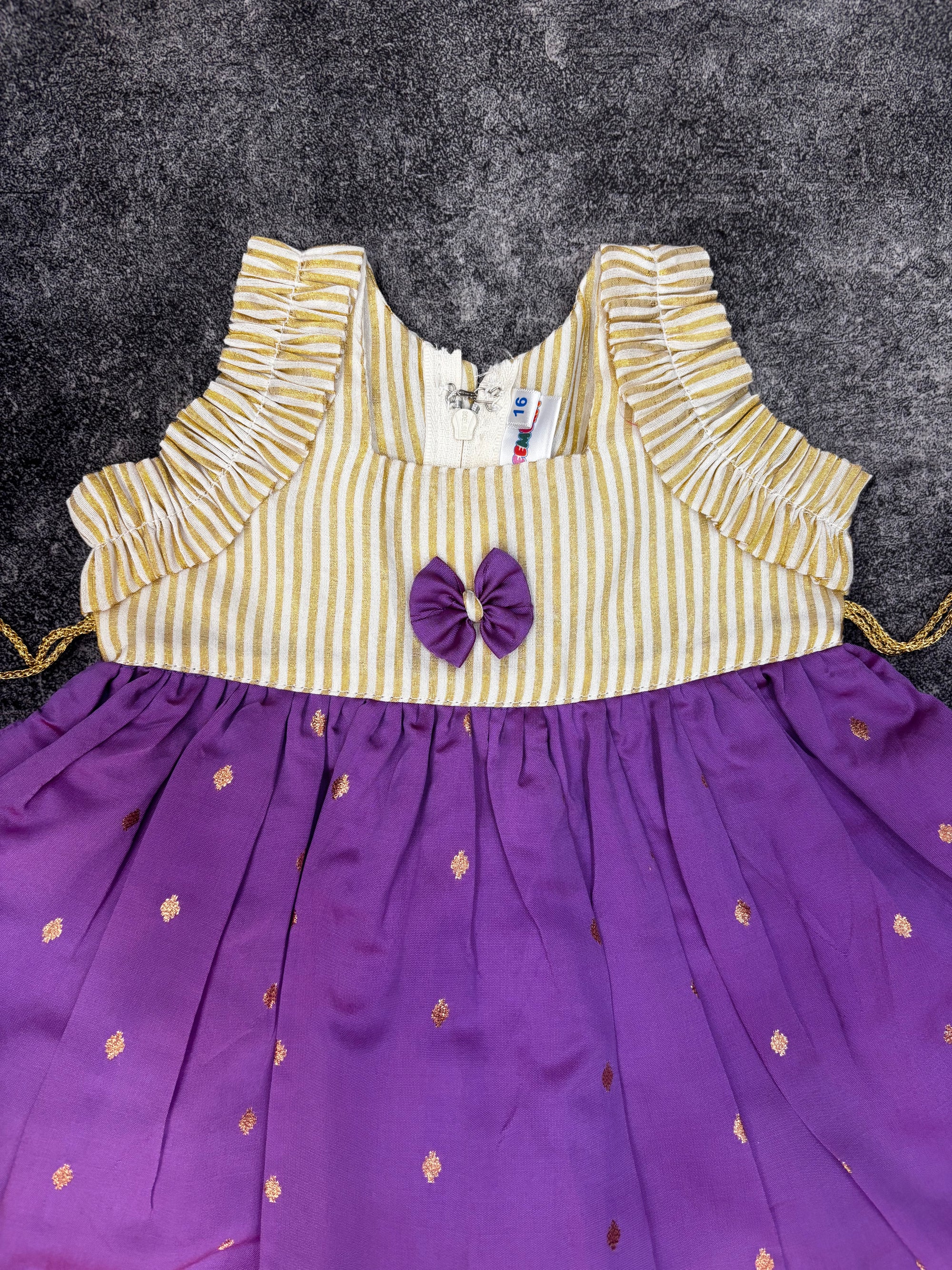 Onam Special Purple & Gold Kasavu Silk Frock for Baby Girl