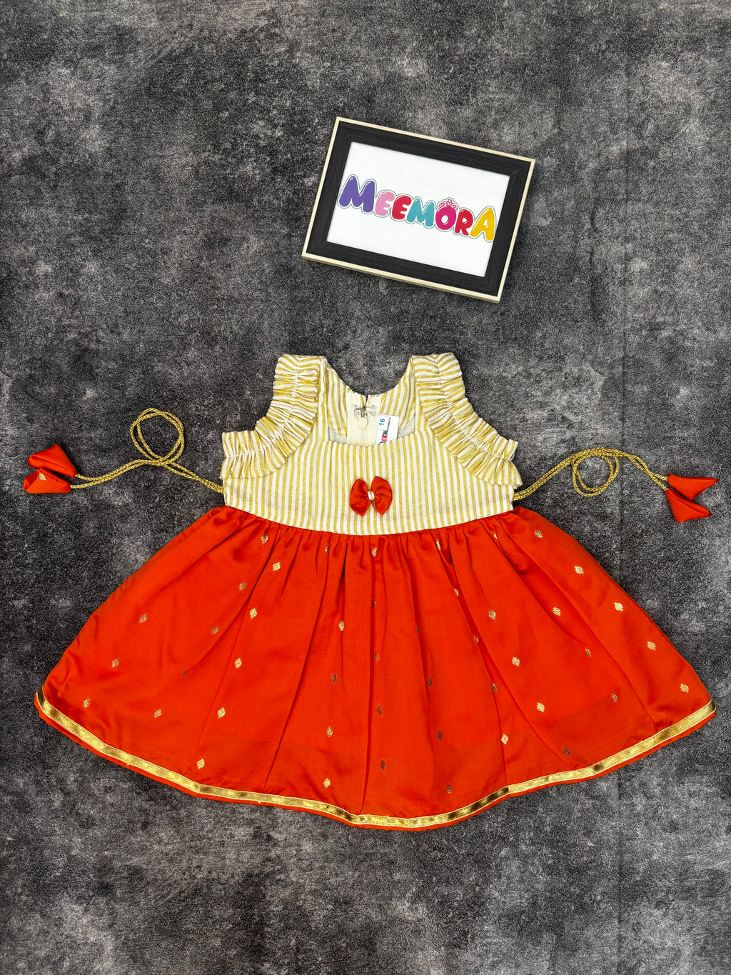 Onam Special Rust Orange & Gold Kasavu Silk Frock for Baby Girl